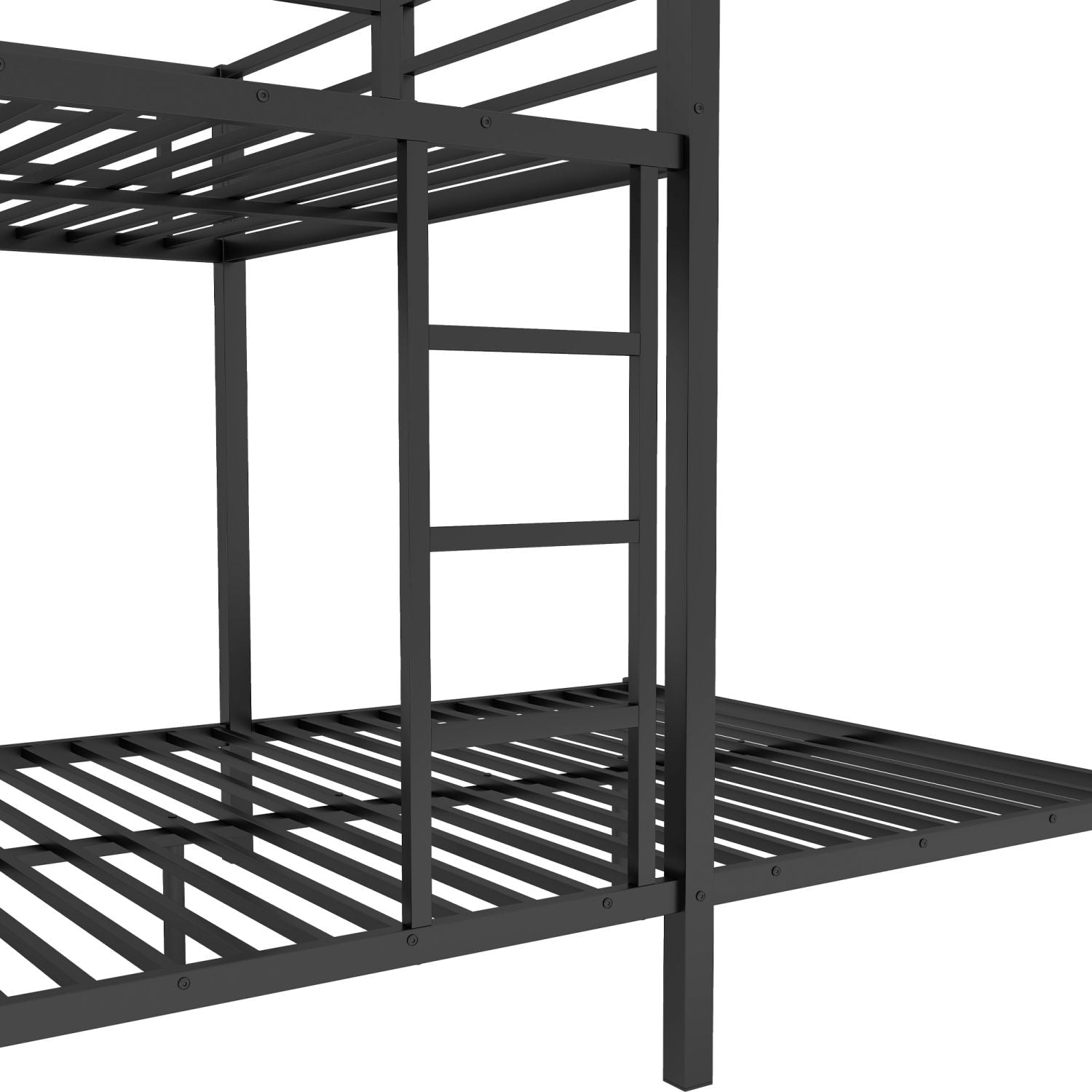 Shared Kids Room Queen Over Queen Metal Bunk Bed with Wardrobe, Desk, Storage Chairs in Black | Just Better Bunk Beds