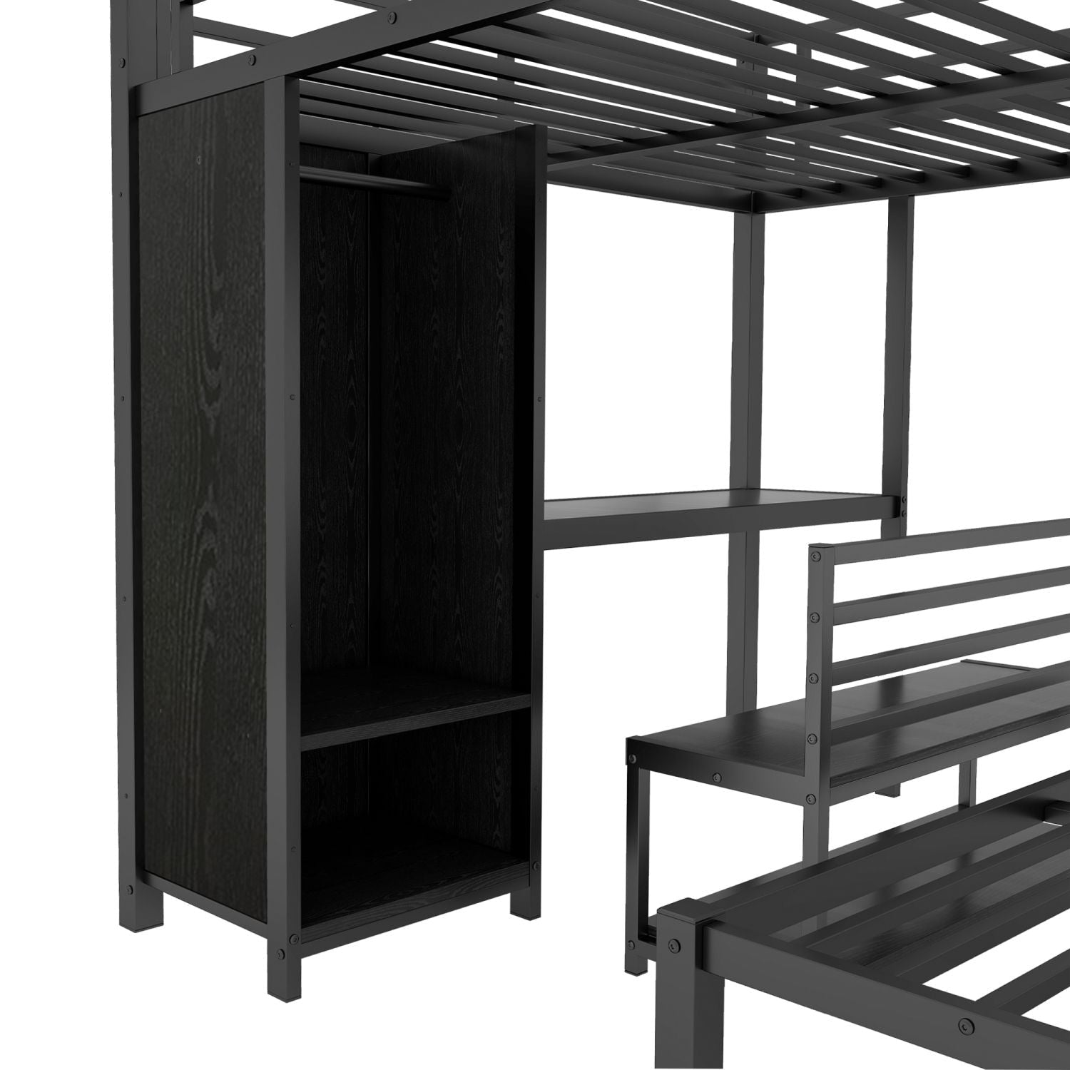 Shared Kids Room Queen Over Queen Metal Bunk Bed with Wardrobe, Desk, Storage Chairs in Black | Just Better Bunk Beds