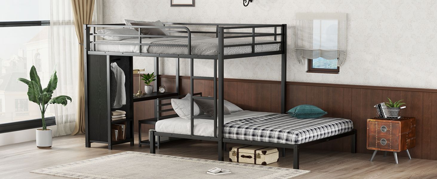 Shared Kids Room Queen Over Queen Metal Bunk Bed with Wardrobe, Desk, Storage Chairs in Black | Just Better Bunk Beds