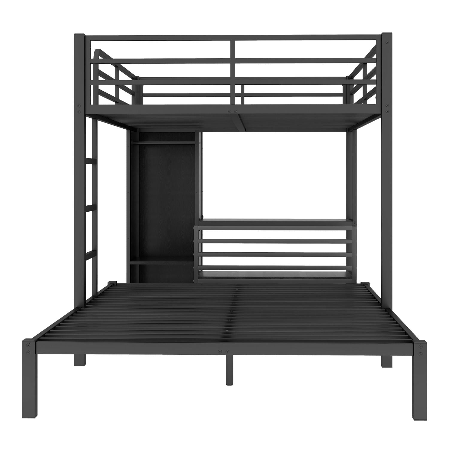 Shared Kids Room Queen Over Queen Metal Bunk Bed with Wardrobe, Desk, Storage Chairs in Black | Just Better Bunk Beds