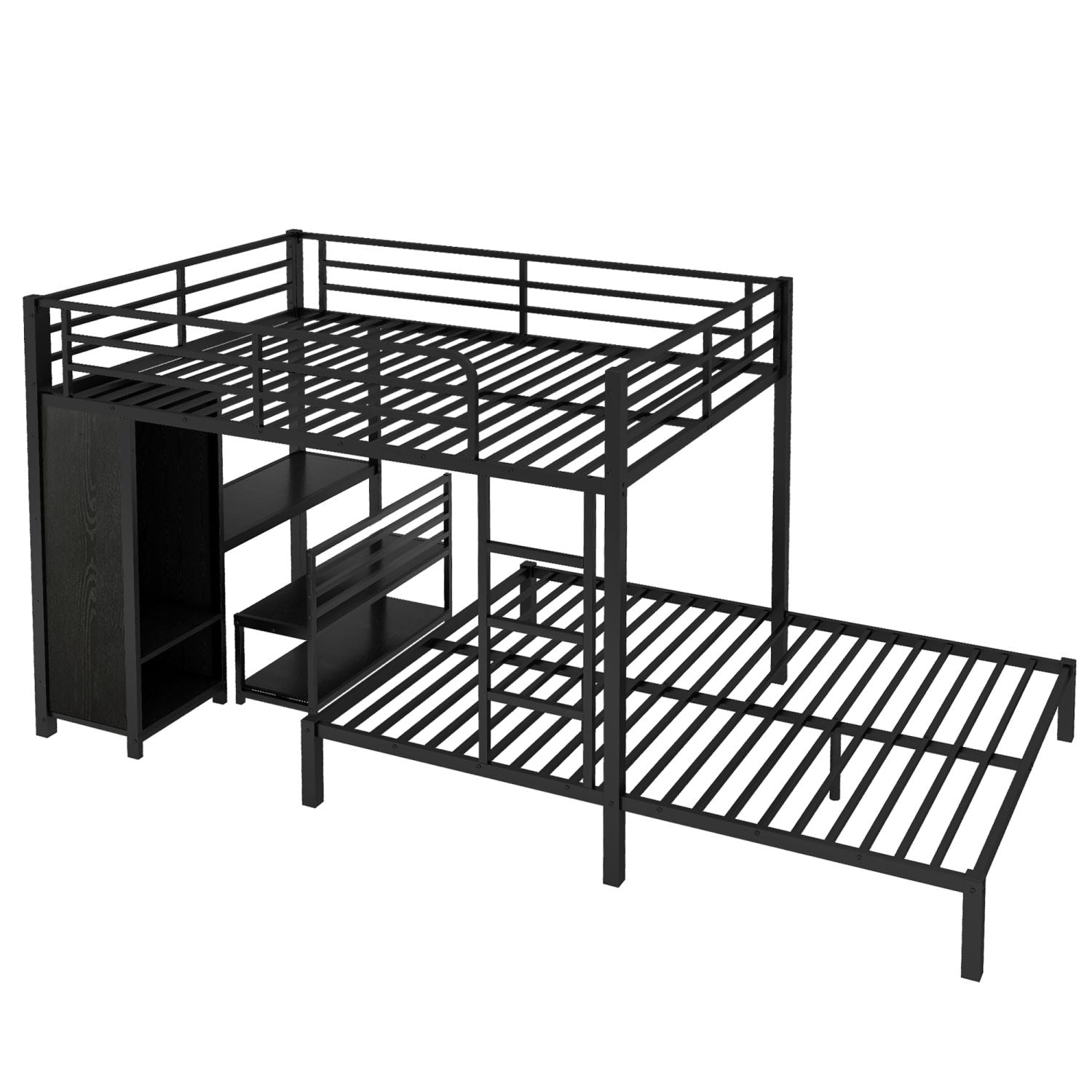 Shared Kids Room Queen Over Queen Metal Bunk Bed with Wardrobe, Desk, Storage Chairs in Black | Just Better Bunk Beds