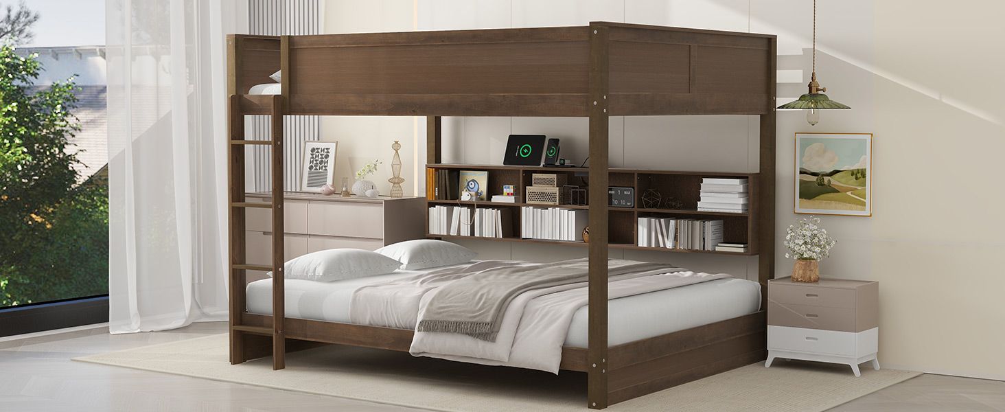 Shared Kids Room Queen Over Queen Wood Bunk Bed with Storage Cabinets and USB Ports, Antique Wood | Just Better Bunk Beds