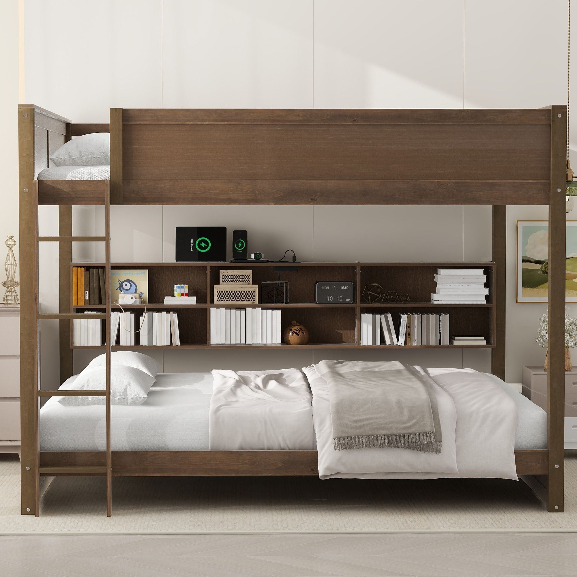 Shared Kids Room Queen Over Queen Wood Bunk Bed with Storage Cabinets and USB Ports, Antique Wood | Just Better Bunk Beds