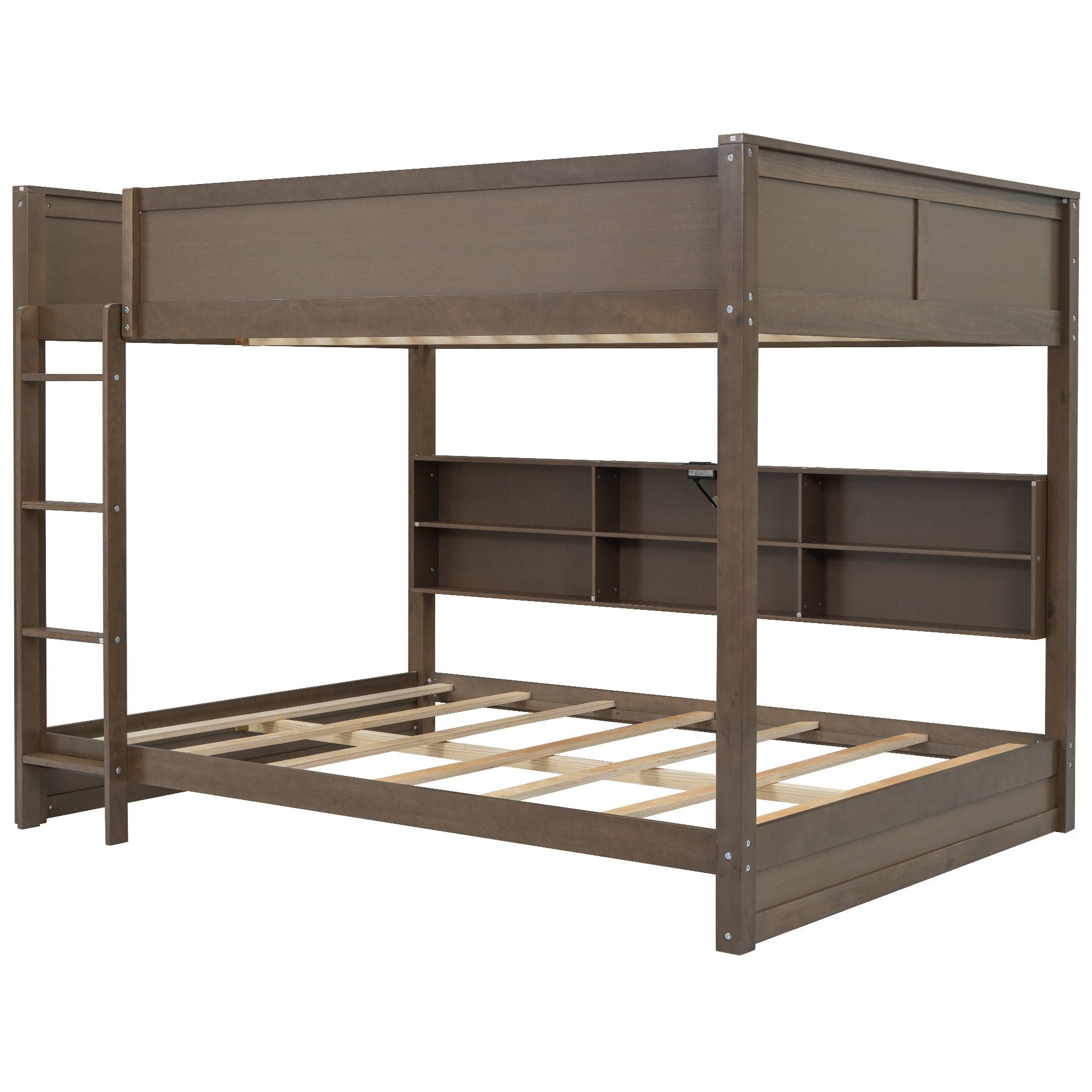 Shared Kids Room Queen Over Queen Wood Bunk Bed with Storage Cabinets and USB Ports, Antique Wood | Just Better Bunk Beds