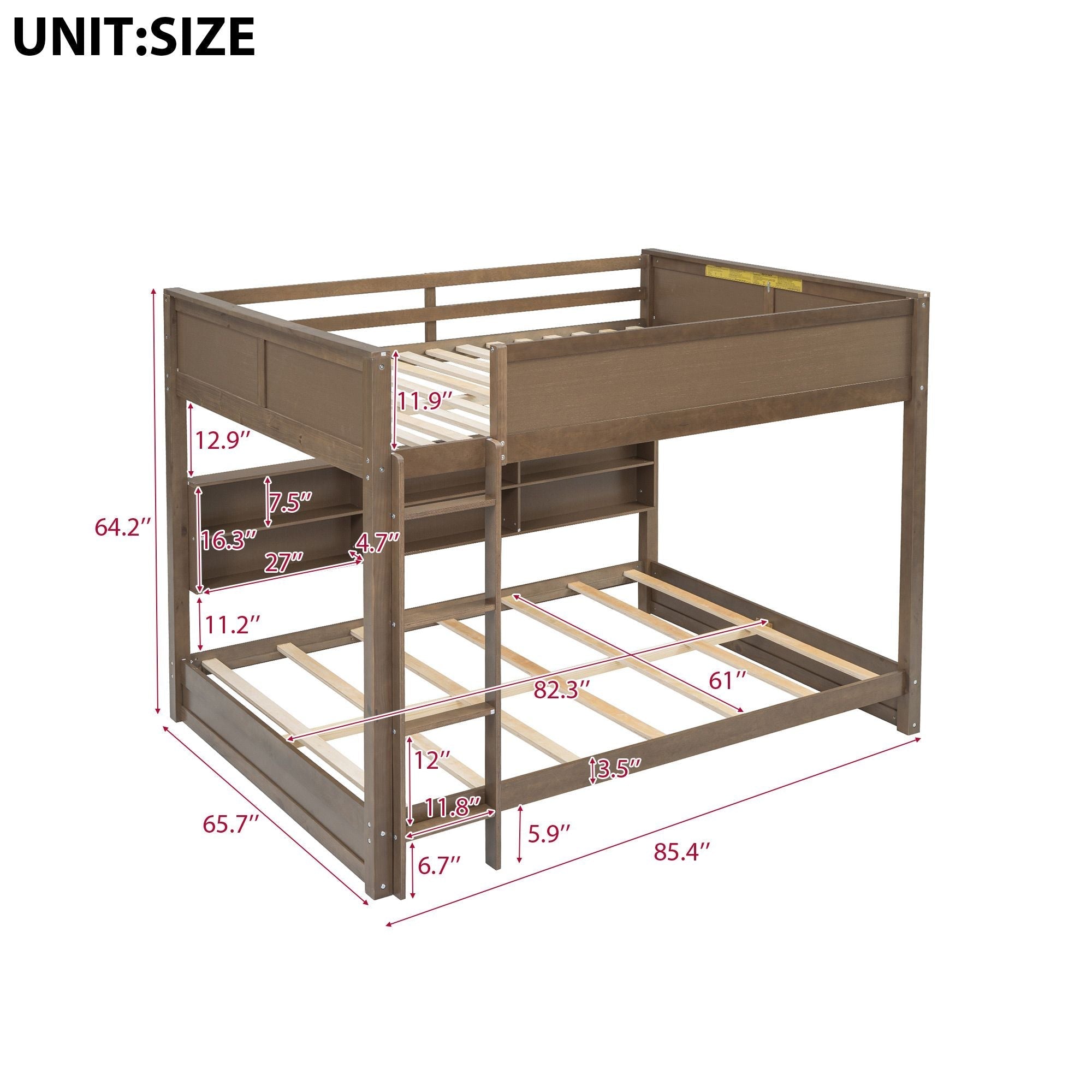 Shared Kids Room Queen Over Queen Wood Bunk Bed with Storage Cabinets and USB Ports, Antique Wood | Just Better Bunk Beds