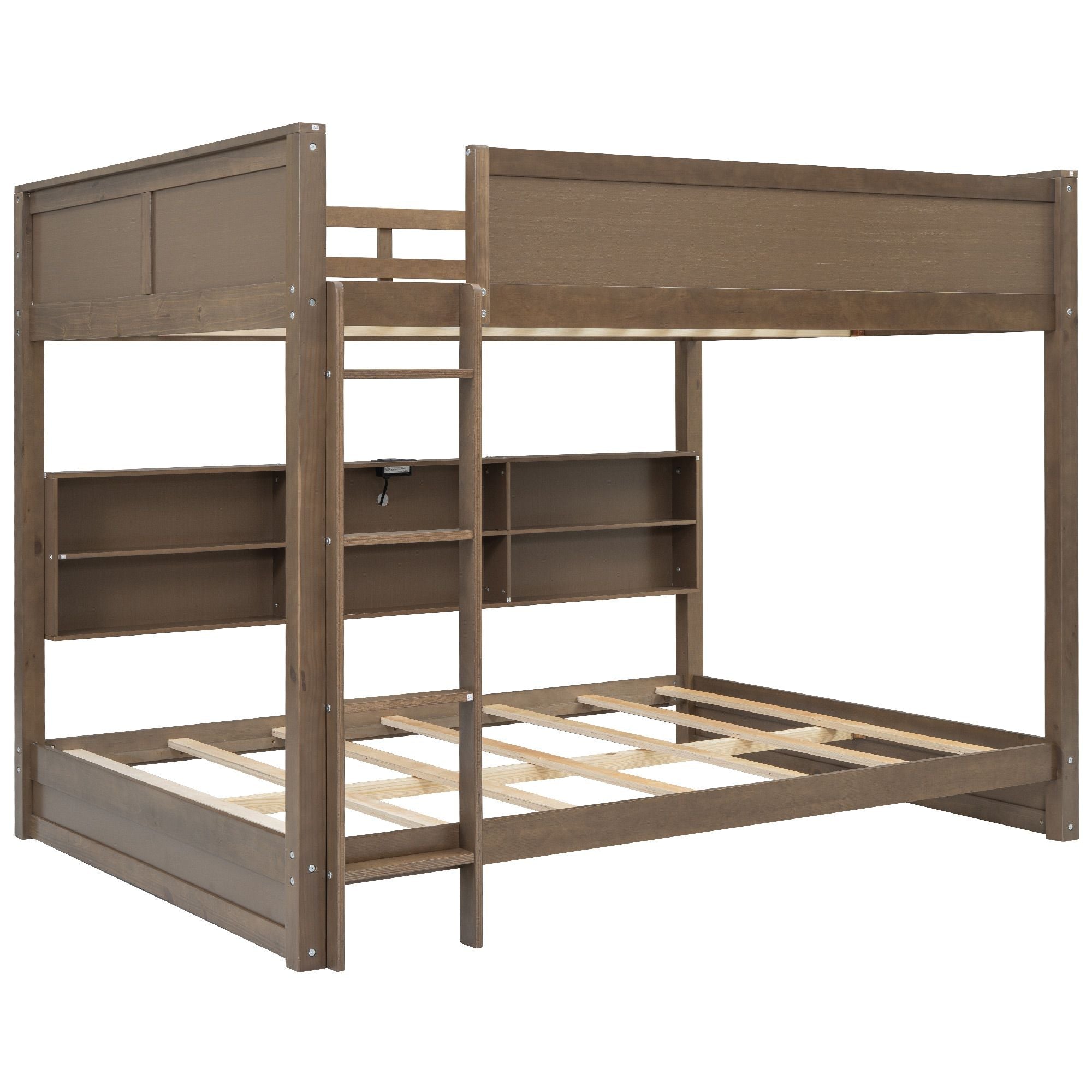 Shared Kids Room Queen Over Queen Wood Bunk Bed with Storage Cabinets and USB Ports, Antique Wood | Just Better Bunk Beds