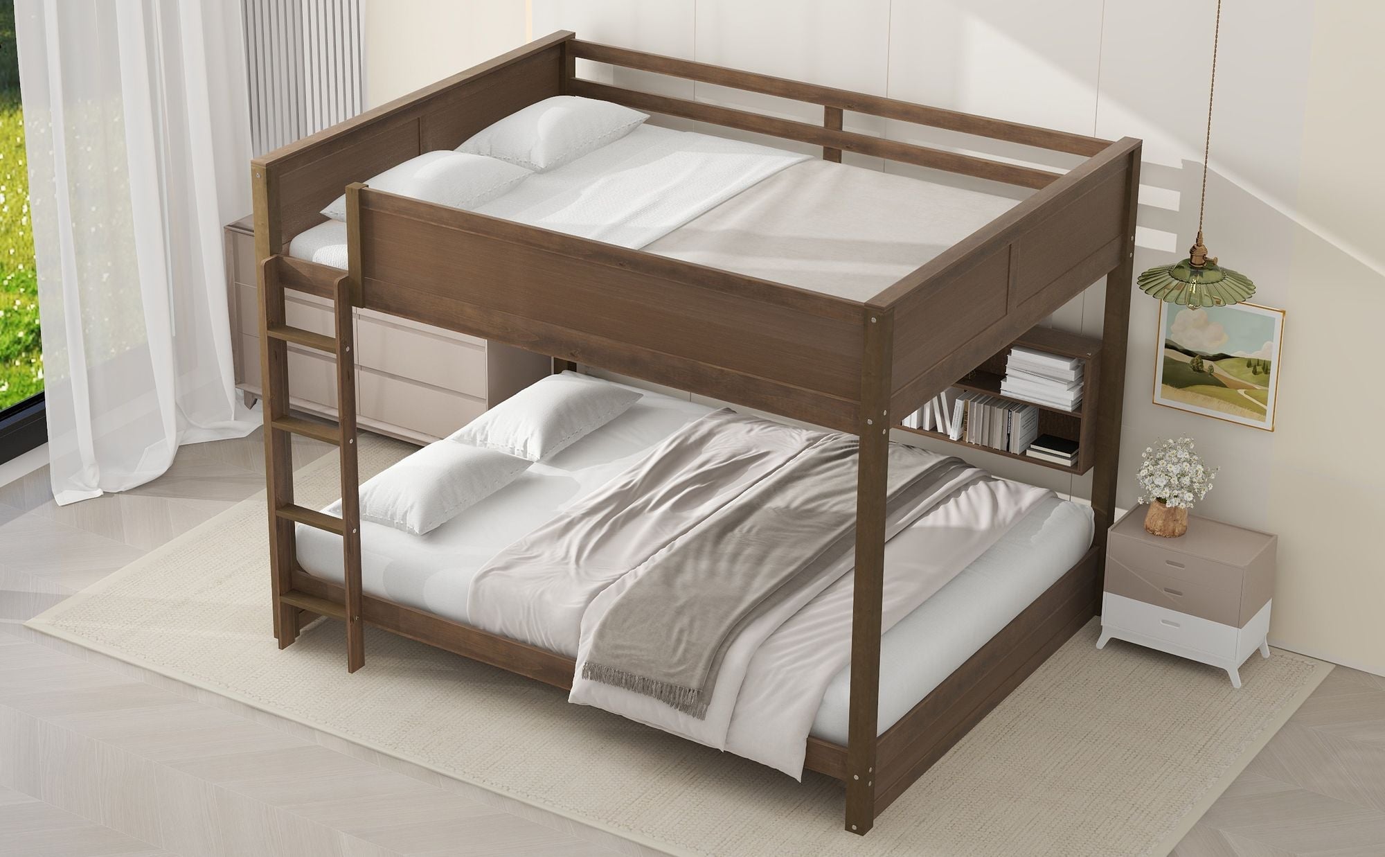 Shared Kids Room Queen Over Queen Wood Bunk Bed with Storage Cabinets and USB Ports, Antique Wood | Just Better Bunk Beds