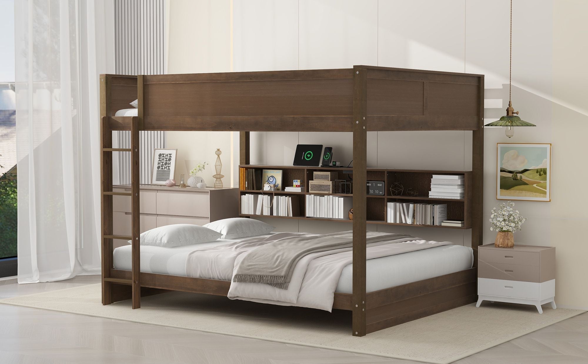 Shared Kids Room Queen Over Queen Wood Bunk Bed with Storage Cabinets and USB Ports, Antique Wood | Just Better Bunk Beds