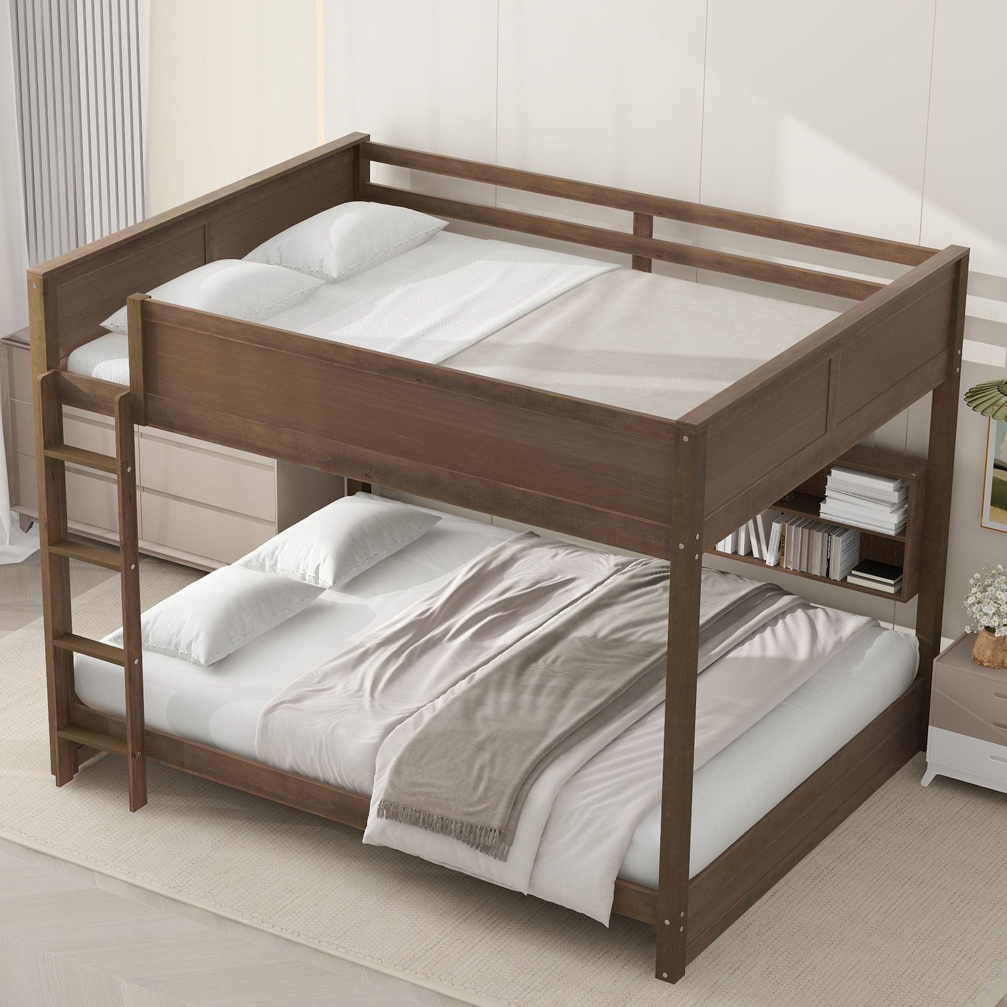Shared Kids Room Queen Over Queen Wood Bunk Bed with Storage Cabinets and USB Ports, Antique Wood | Just Better Bunk Beds