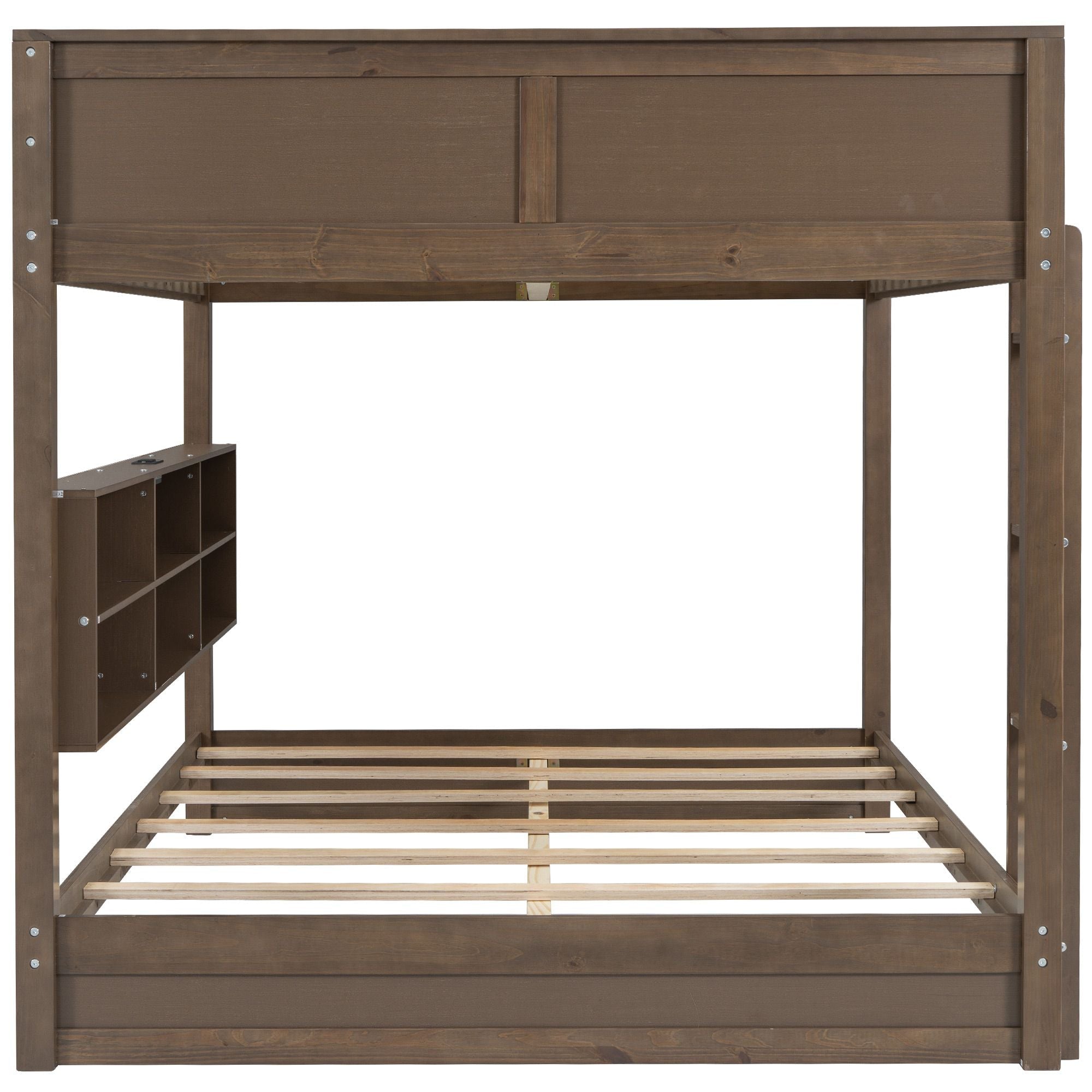 Shared Kids Room Queen Over Queen Wood Bunk Bed with Storage Cabinets and USB Ports, Antique Wood | Just Better Bunk Beds