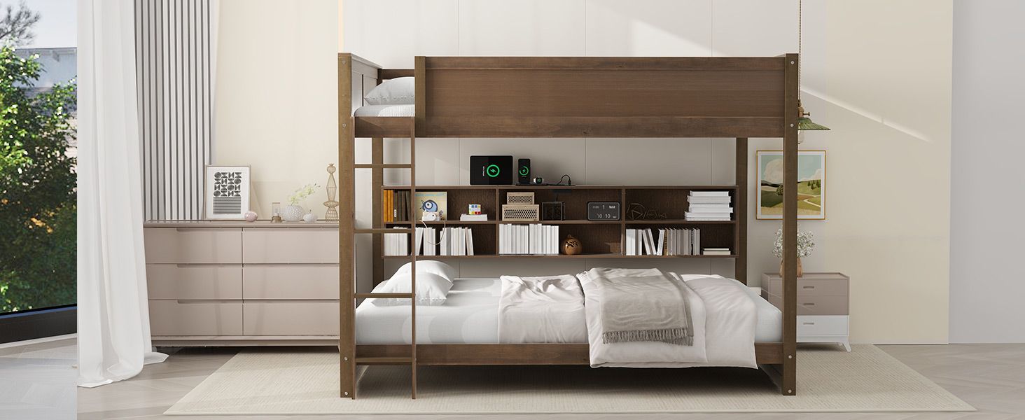Shared Kids Room Queen Over Queen Wood Bunk Bed with Storage Cabinets and USB Ports, Antique Wood | Just Better Bunk Beds