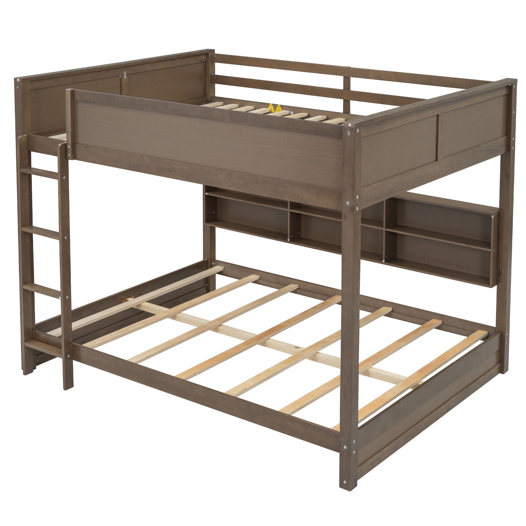 Shared Kids Room Queen Over Queen Wood Bunk Bed with Storage Cabinets and USB Ports, Antique Wood | Just Better Bunk Beds