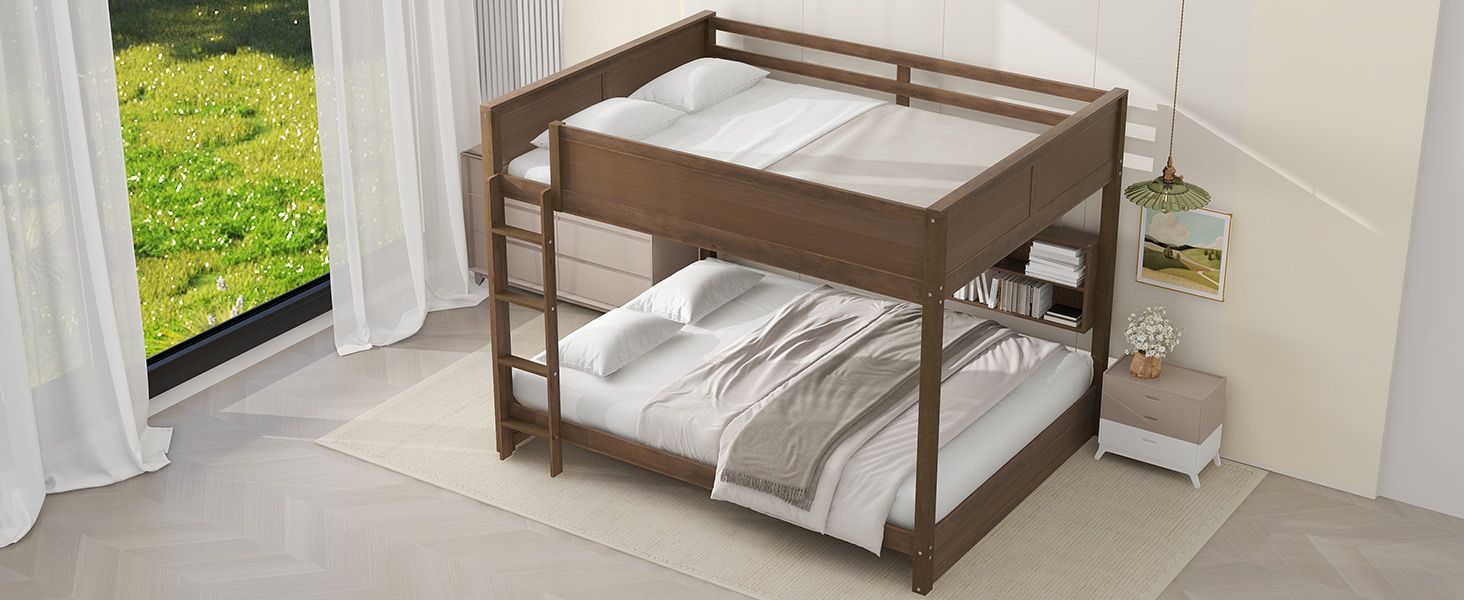 Shared Kids Room Queen Over Queen Wood Bunk Bed with Storage Cabinets and USB Ports, Antique Wood | Just Better Bunk Beds
