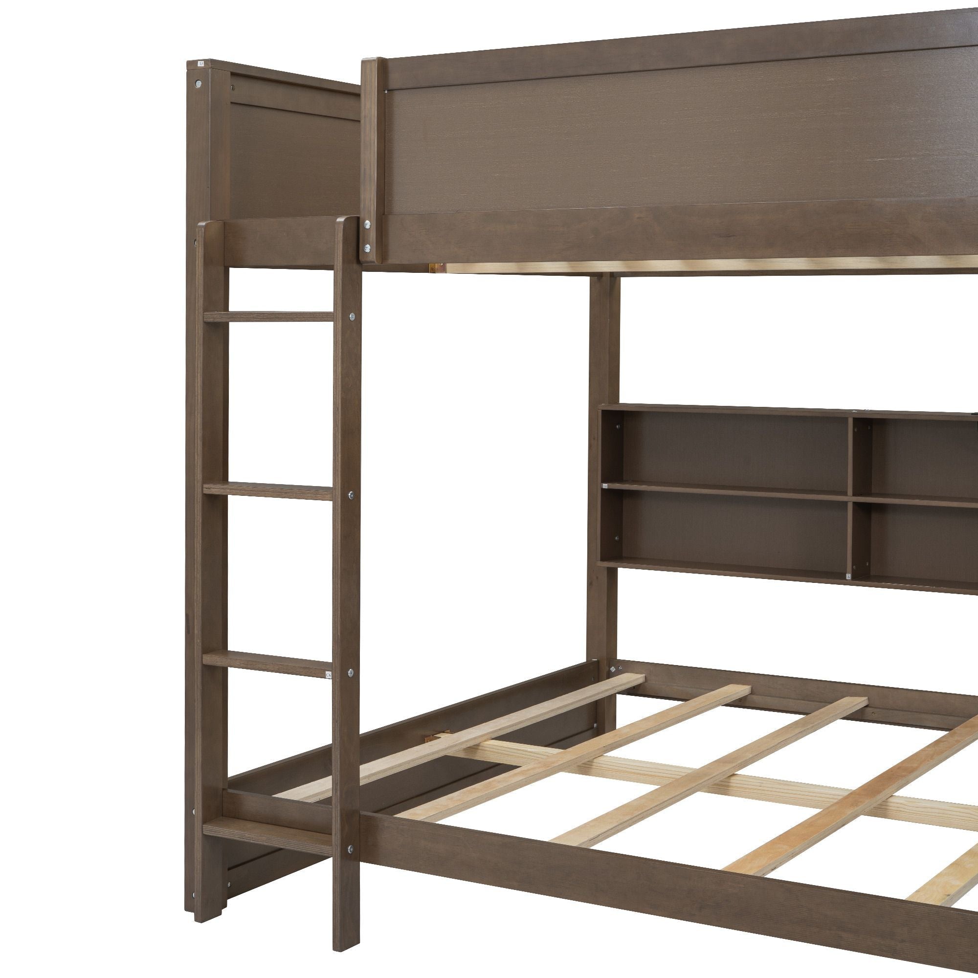Shared Kids Room Queen Over Queen Wood Bunk Bed with Storage Cabinets and USB Ports, Antique Wood | Just Better Bunk Beds