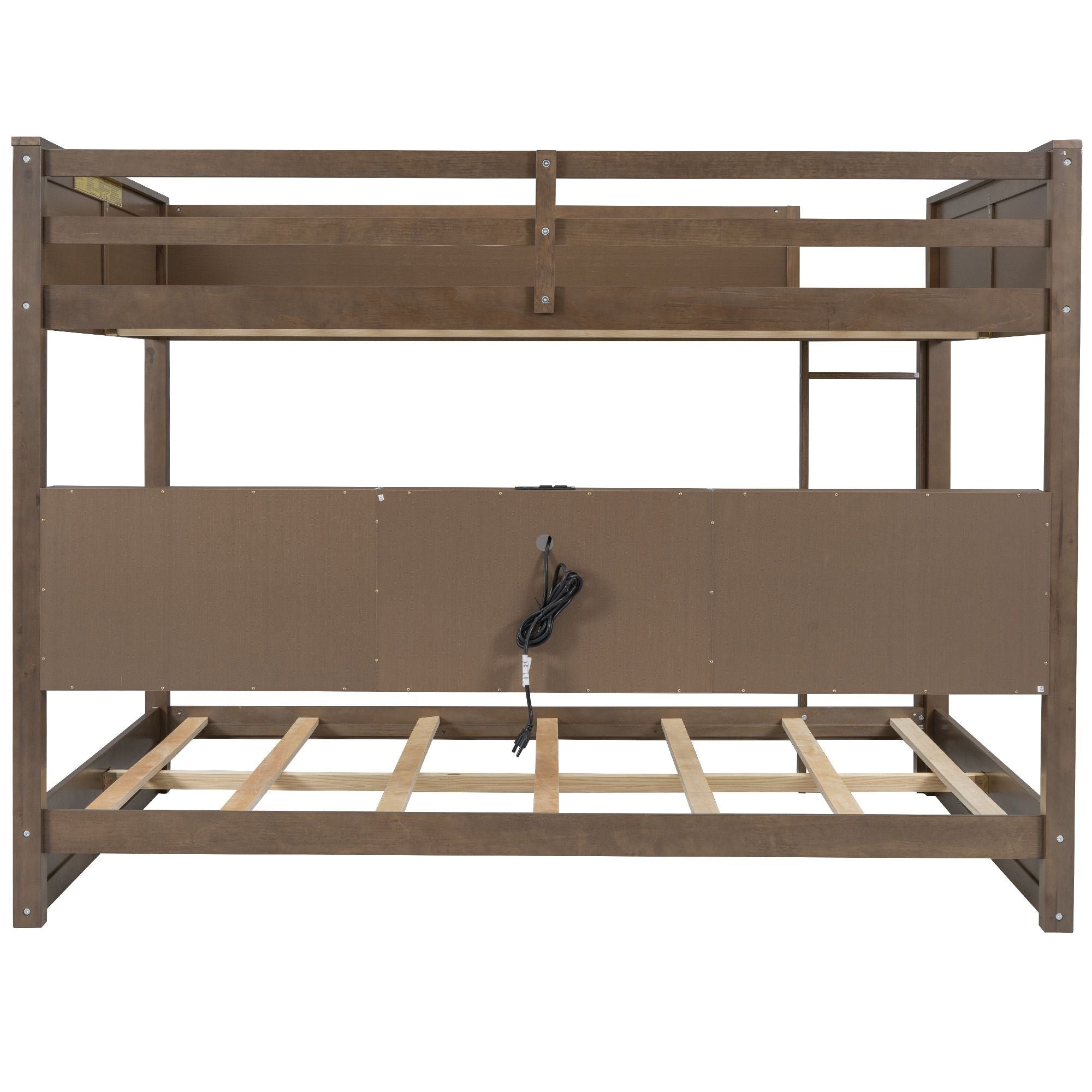 Shared Kids Room Queen Over Queen Wood Bunk Bed with Storage Cabinets and USB Ports, Antique Wood | Just Better Bunk Beds