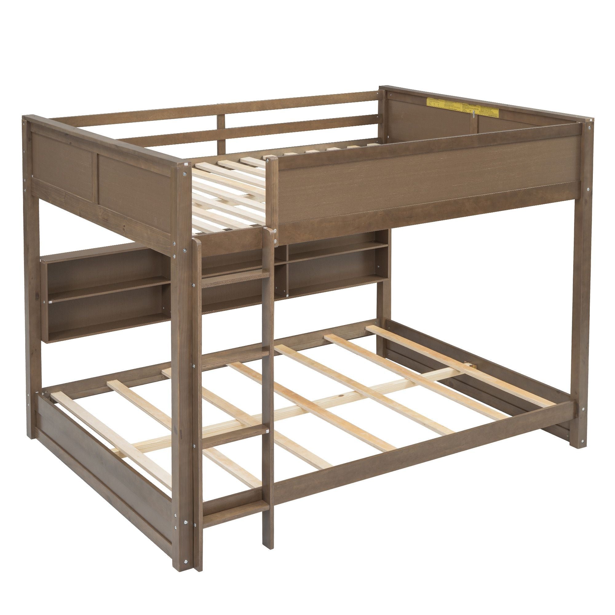 Shared Kids Room Queen Over Queen Wood Bunk Bed with Storage Cabinets and USB Ports, Antique Wood | Just Better Bunk Beds