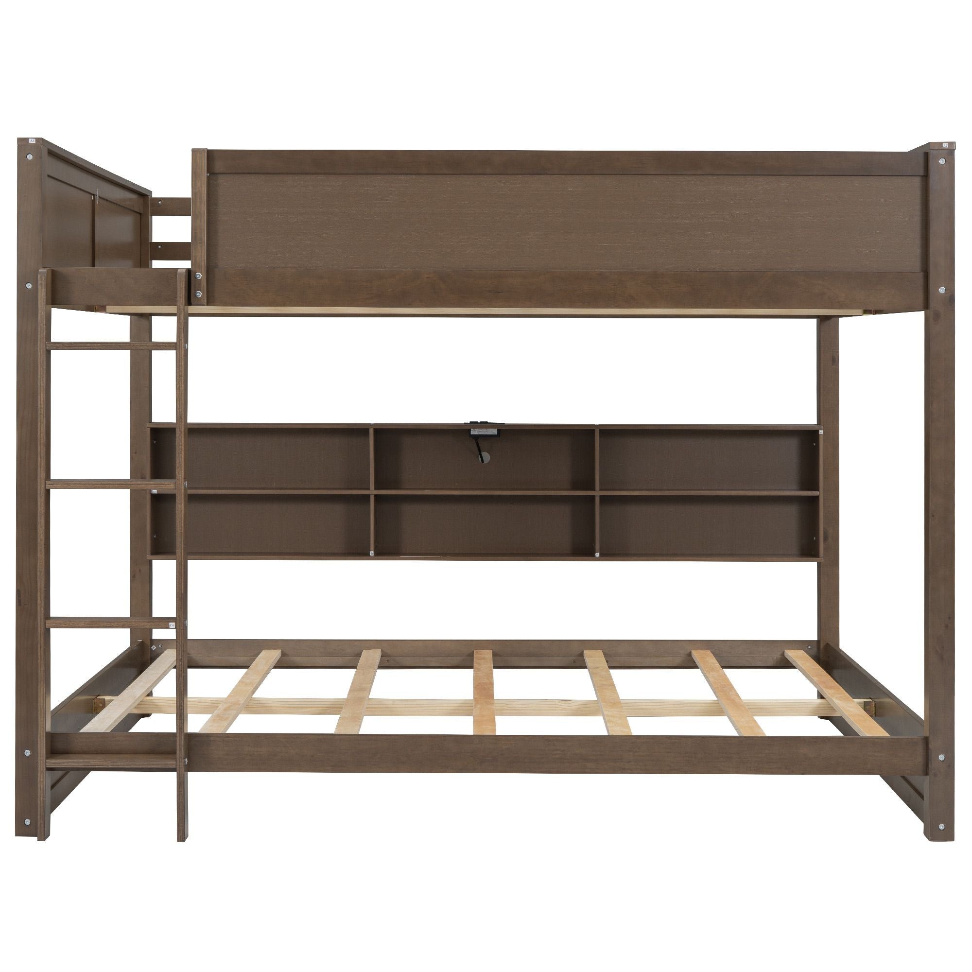Shared Kids Room Queen Over Queen Wood Bunk Bed with Storage Cabinets and USB Ports, Antique Wood | Just Better Bunk Beds
