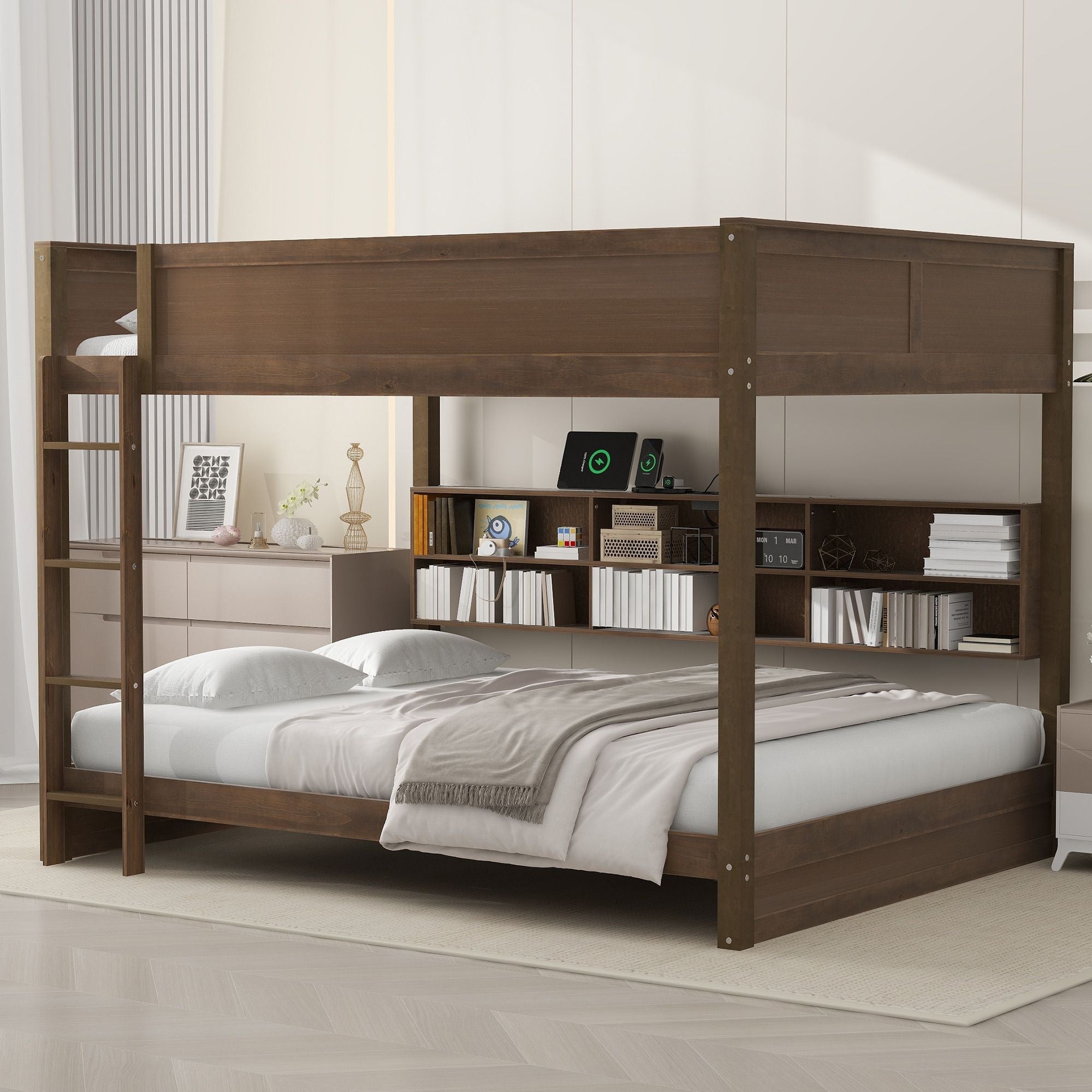 Shared Kids Room Queen Over Queen Wood Bunk Bed with Storage Cabinets and USB Ports, Antique Wood | Just Better Bunk Beds