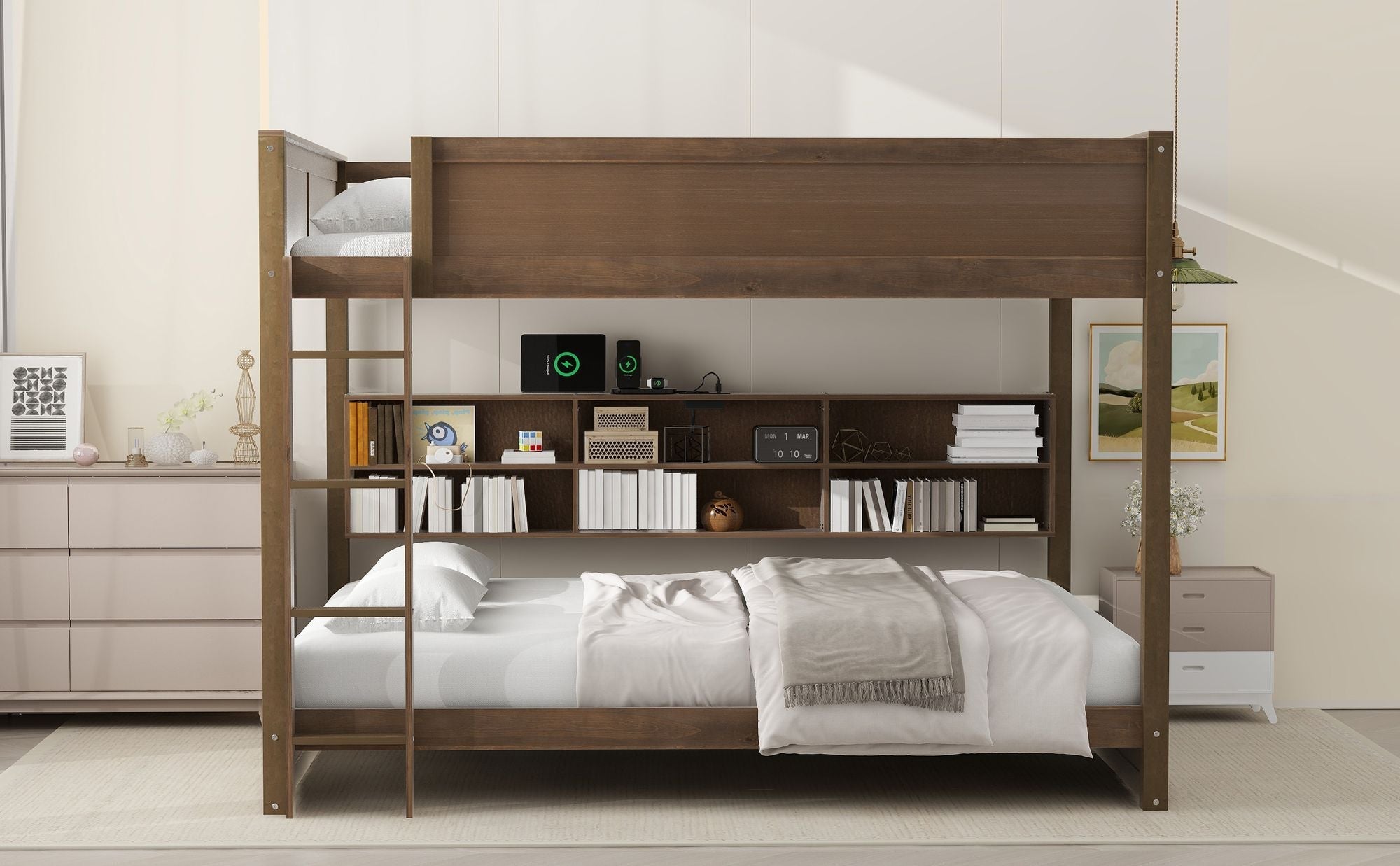 Shared Kids Room Queen Over Queen Wood Bunk Bed with Storage Cabinets and USB Ports, Antique Wood | Just Better Bunk Beds