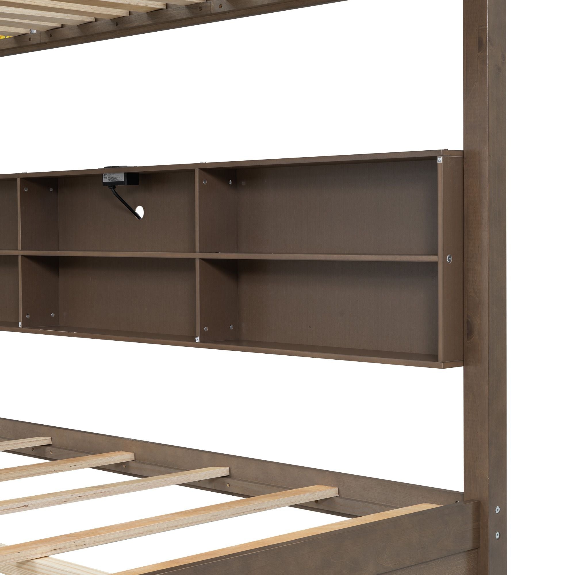 Shared Kids Room Queen Over Queen Wood Bunk Bed with Storage Cabinets and USB Ports, Antique Wood | Just Better Bunk Beds