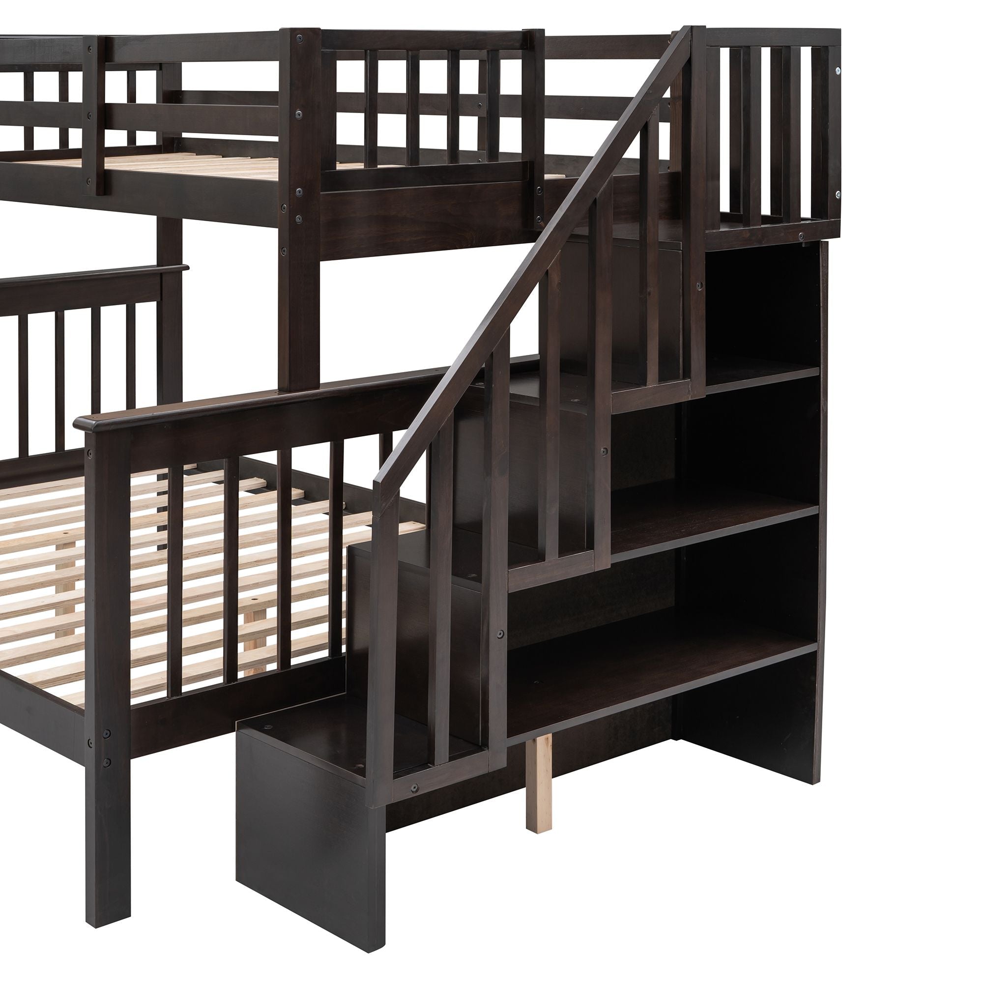 Shared Kids Room Staircase Storage Twin Over Full Wood Bunk Bed with Drawer and Guard Rail, Espresso | Just Better Bunk Beds