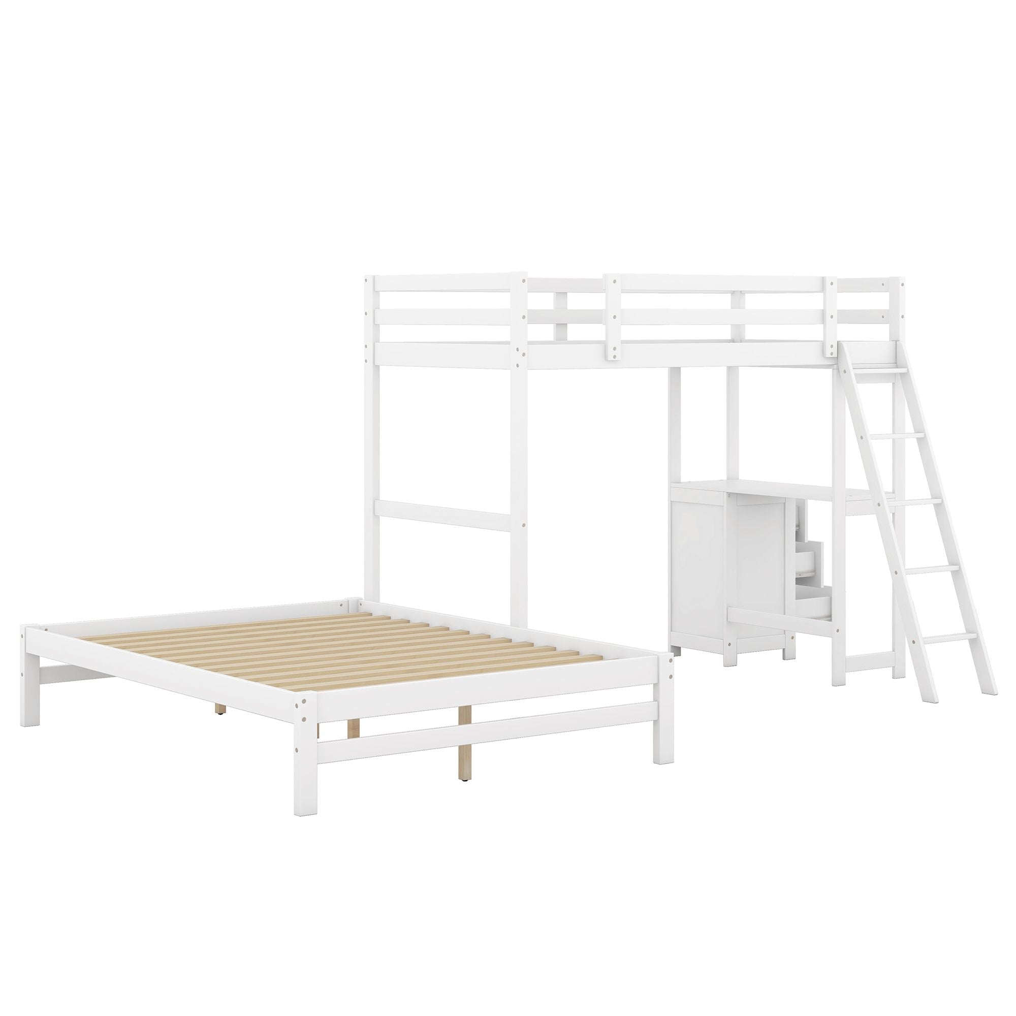 Shared Kids Room Twin Over Full Wood Bunk Bed with Built-in Desk and Storage Drawers, White | Just Better Bunk Beds