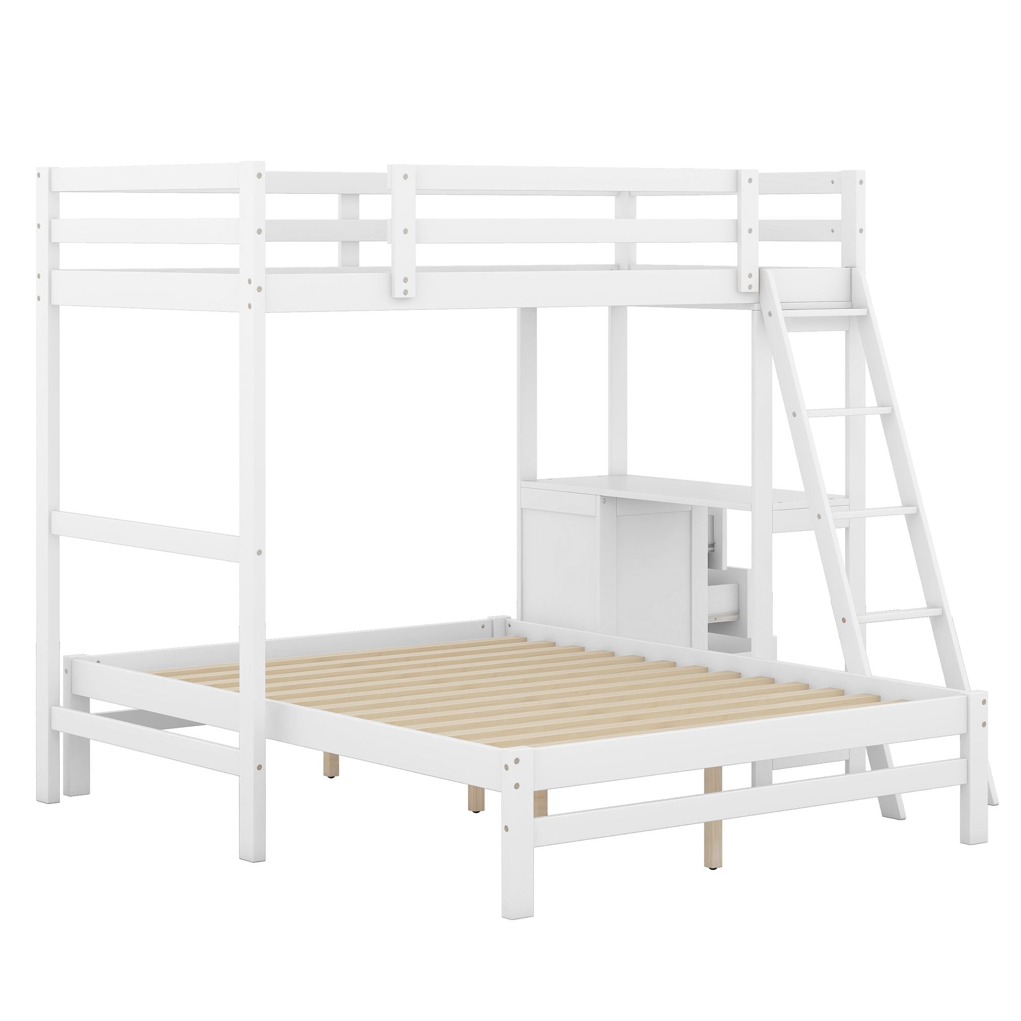 Shared Kids Room Twin Over Full Wood Bunk Bed with Built-In Desk and Three Drawers White | Just Better Bunk Beds