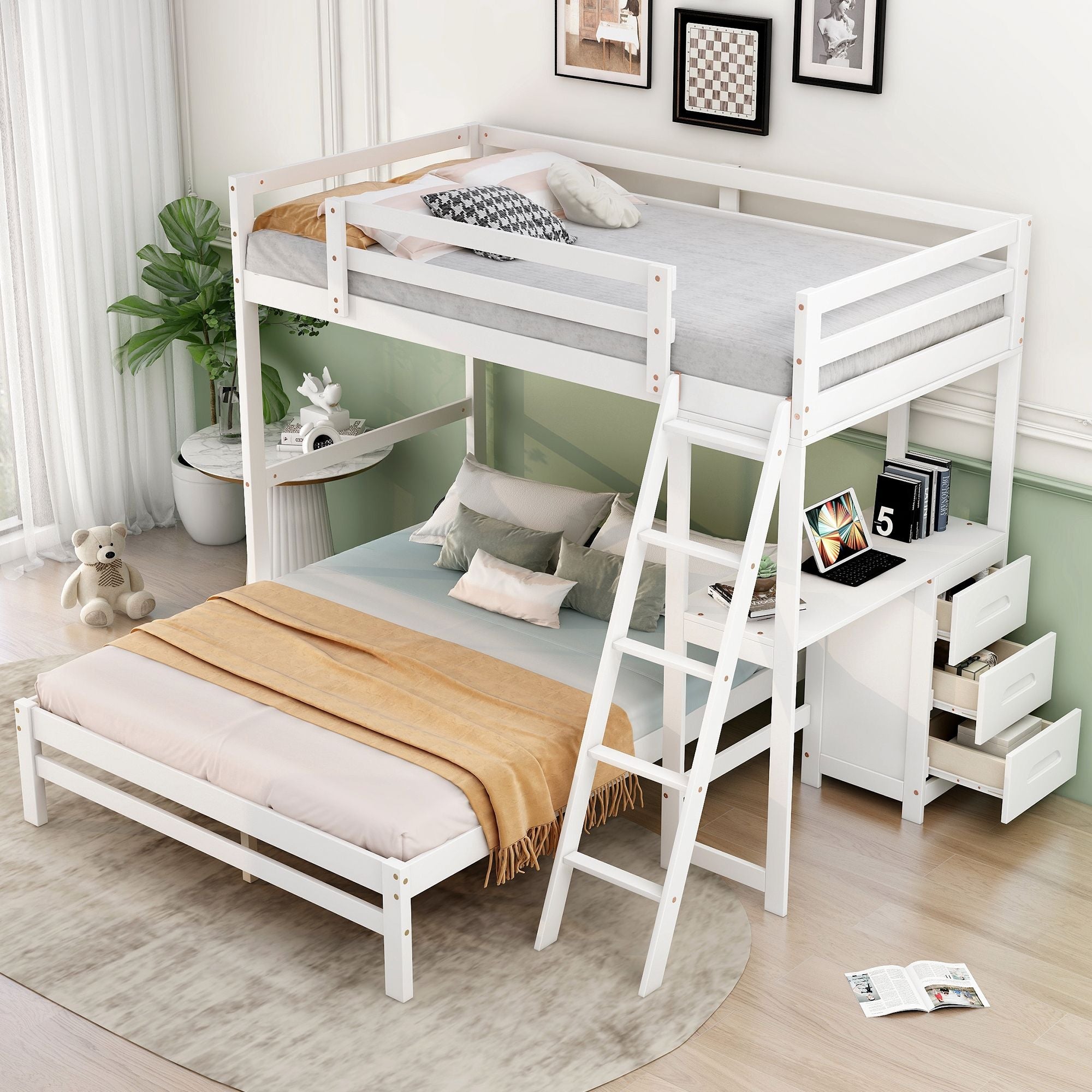 Shared Kids Room Twin Over Full Wood Bunk Bed with Built-In Desk and Three Drawers White | Just Better Bunk Beds