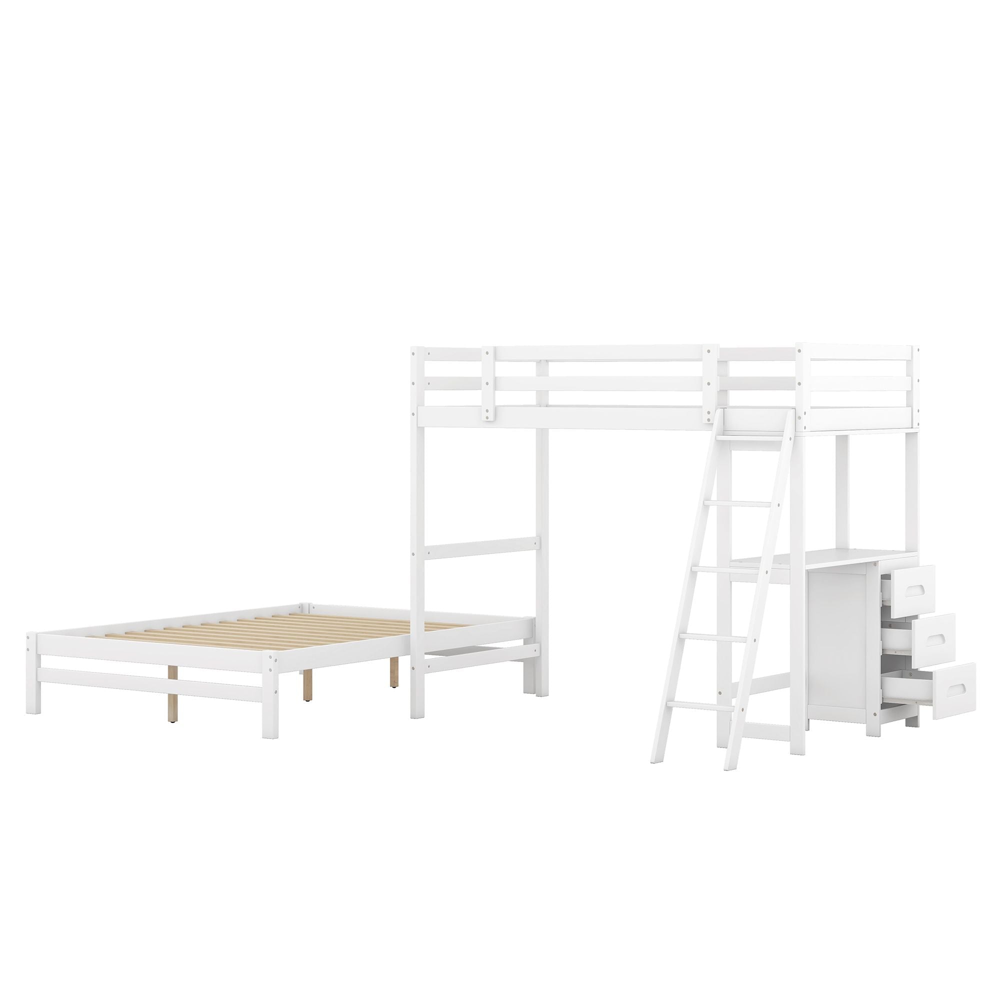 Shared Kids Room Twin Over Full Wood Bunk Bed with Built-In Desk and Three Drawers White | Just Better Bunk Beds