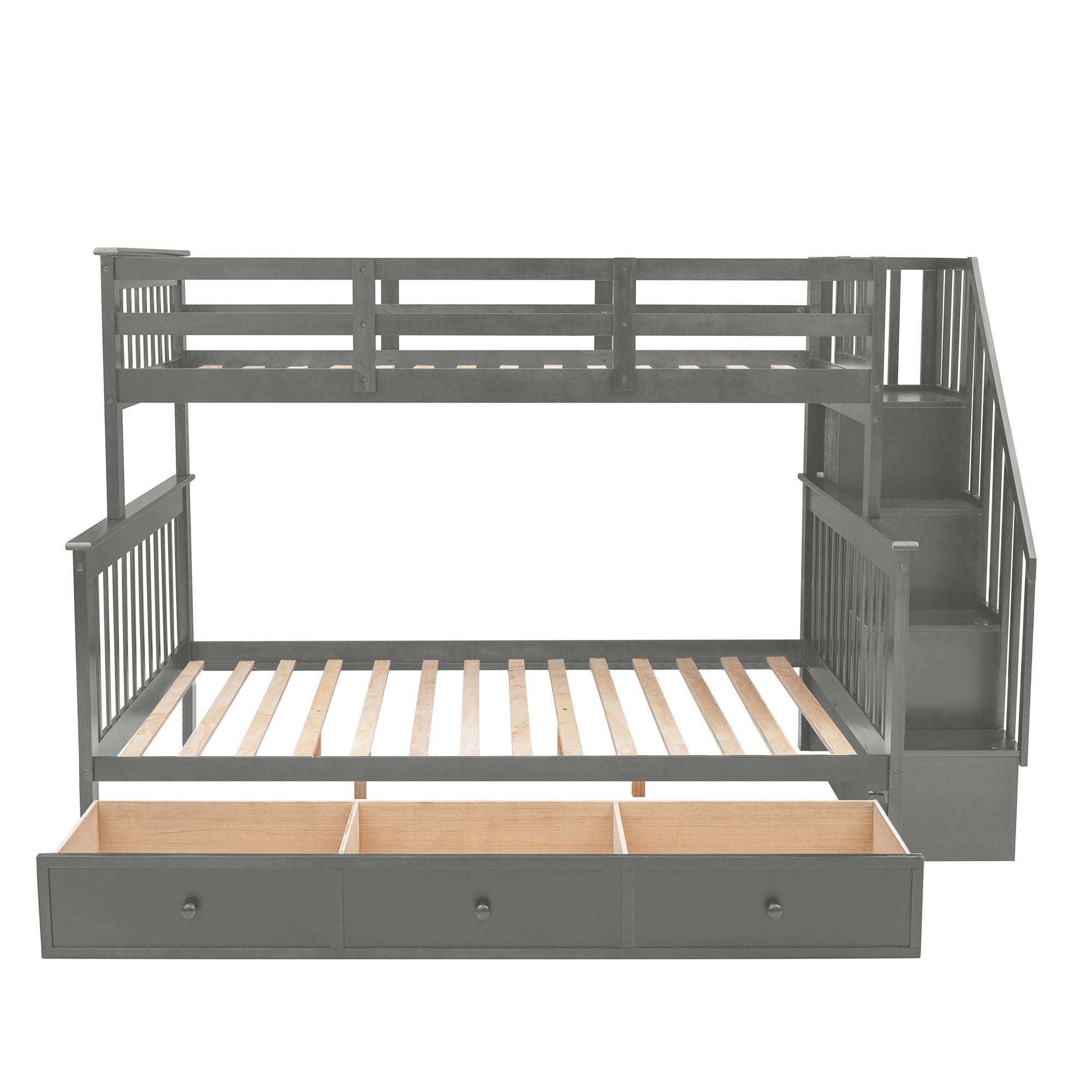 Shared Kids Room Twin Over Full Wood Bunk Bed with Staircase Storage Drawers, Guard Rail, Espresso Gray White | Just Better Bunk Beds
