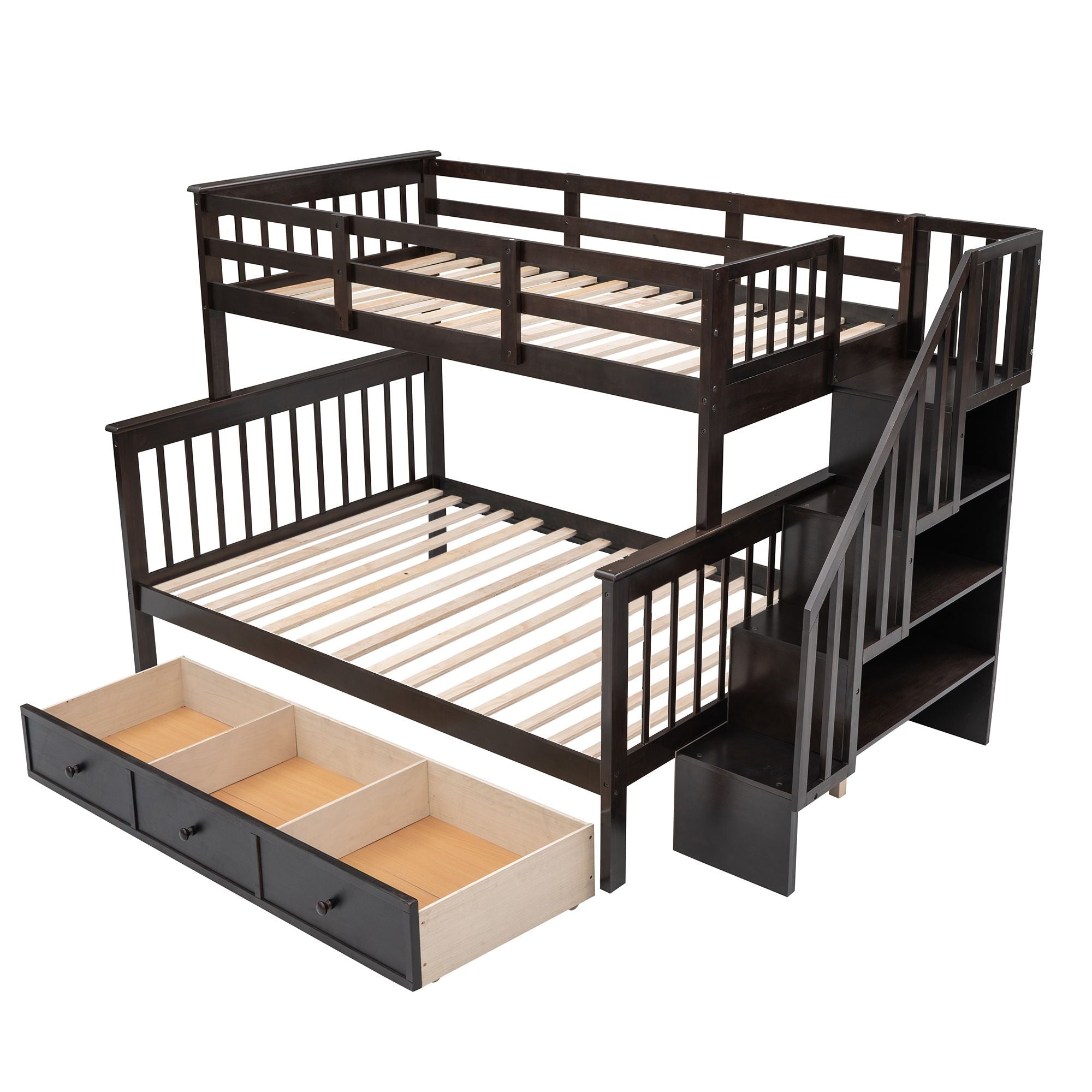 Shared Kids Room Twin Over Full Wood Bunk Bed with Staircase Storage Drawers, Guard Rail, Espresso Gray White | Just Better Bunk Beds