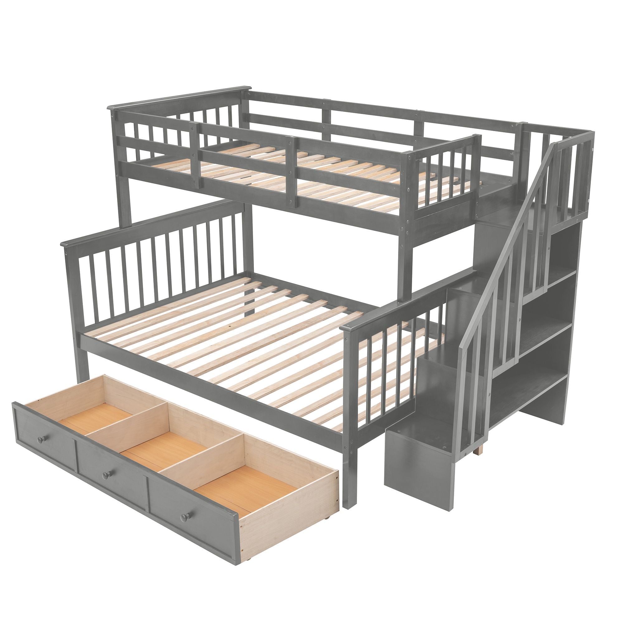 Shared Kids Room Twin Over Full Wood Bunk Bed with Staircase Storage Drawers, Guard Rail, Espresso Gray White | Just Better Bunk Beds
