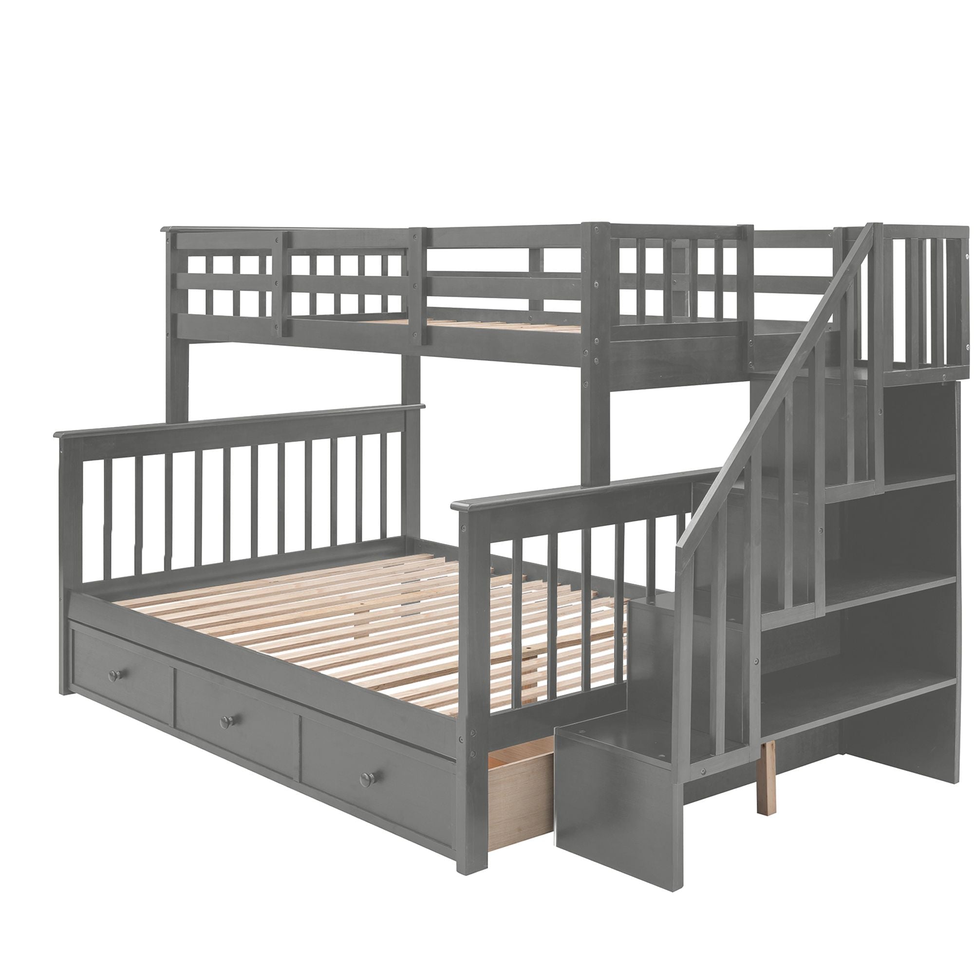 Shared Kids Room Twin Over Full Wood Bunk Bed with Staircase Storage Drawers, Guard Rail, Espresso Gray White | Just Better Bunk Beds