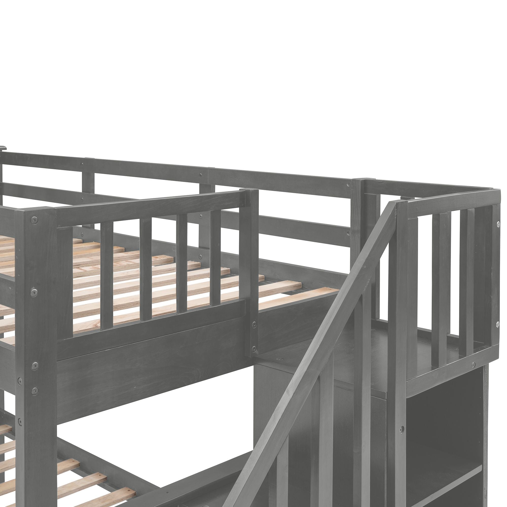 Shared Kids Room Twin Over Full Wood Bunk Bed with Staircase Storage Drawers, Guard Rail, Espresso Gray White | Just Better Bunk Beds