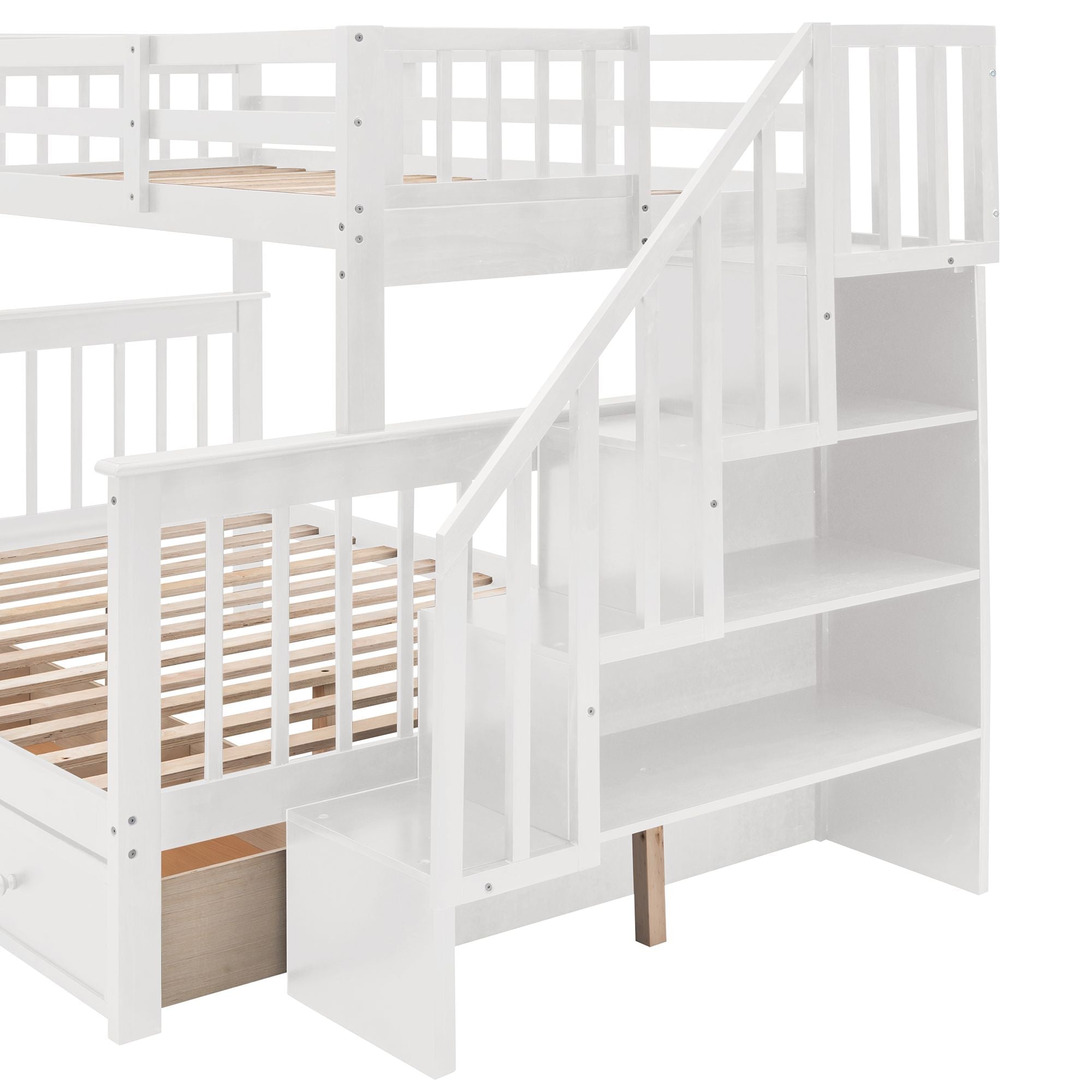 Shared Kids Room Twin Over Full Wood Bunk Bed with Staircase Storage Drawers, Guard Rail, Espresso Gray White | Just Better Bunk Beds