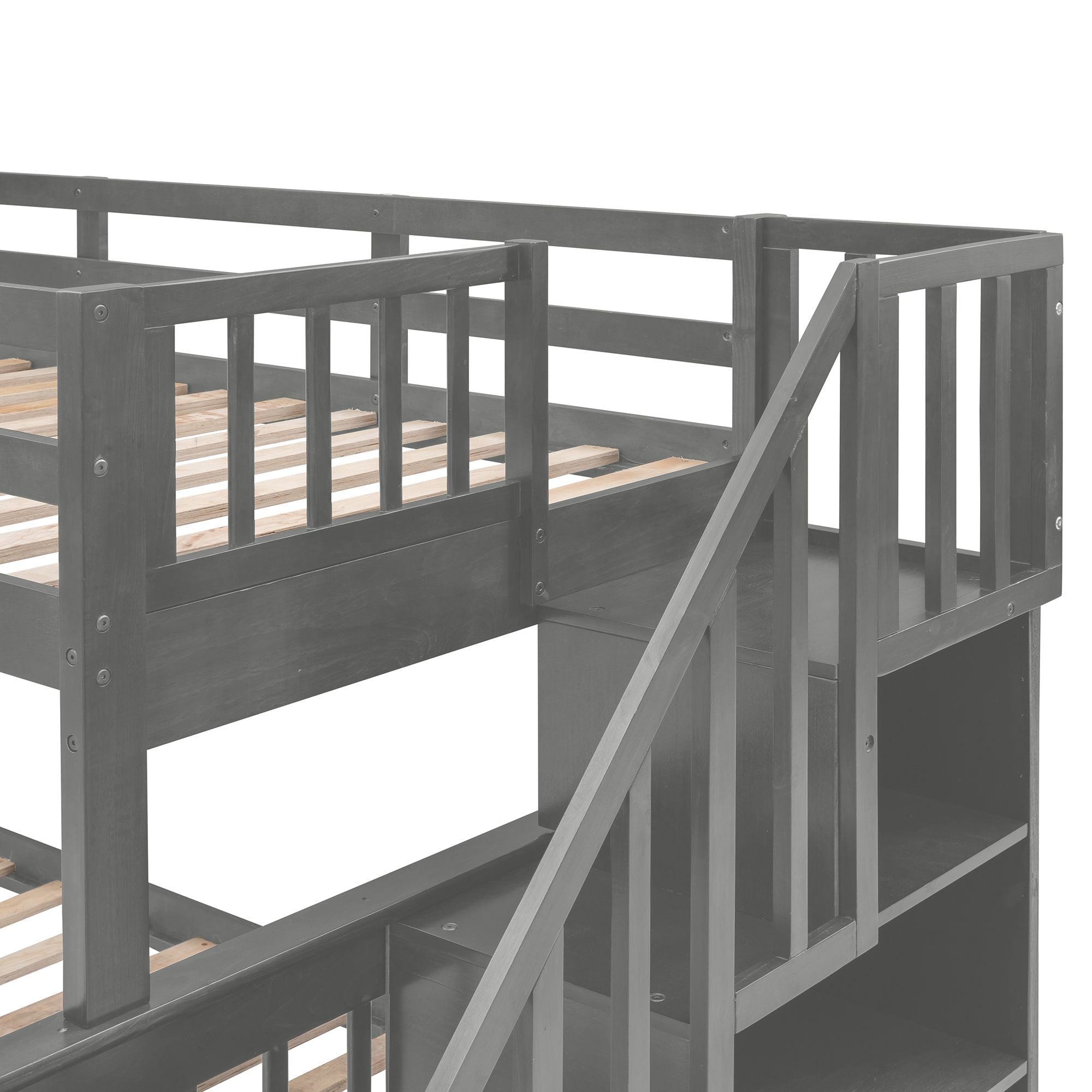 Shared Kids Room Twin Over Full Wood Bunk Bed with Staircase Storage Drawers, Guard Rail, Espresso Gray White | Just Better Bunk Beds