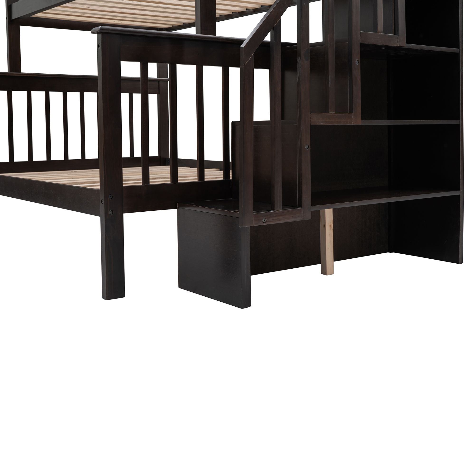 Shared Kids Room Twin-Over-Full Wood Bunk Bed with Stairway Storage Drawers and Guard Rail in Espresso | Just Better Bunk Beds