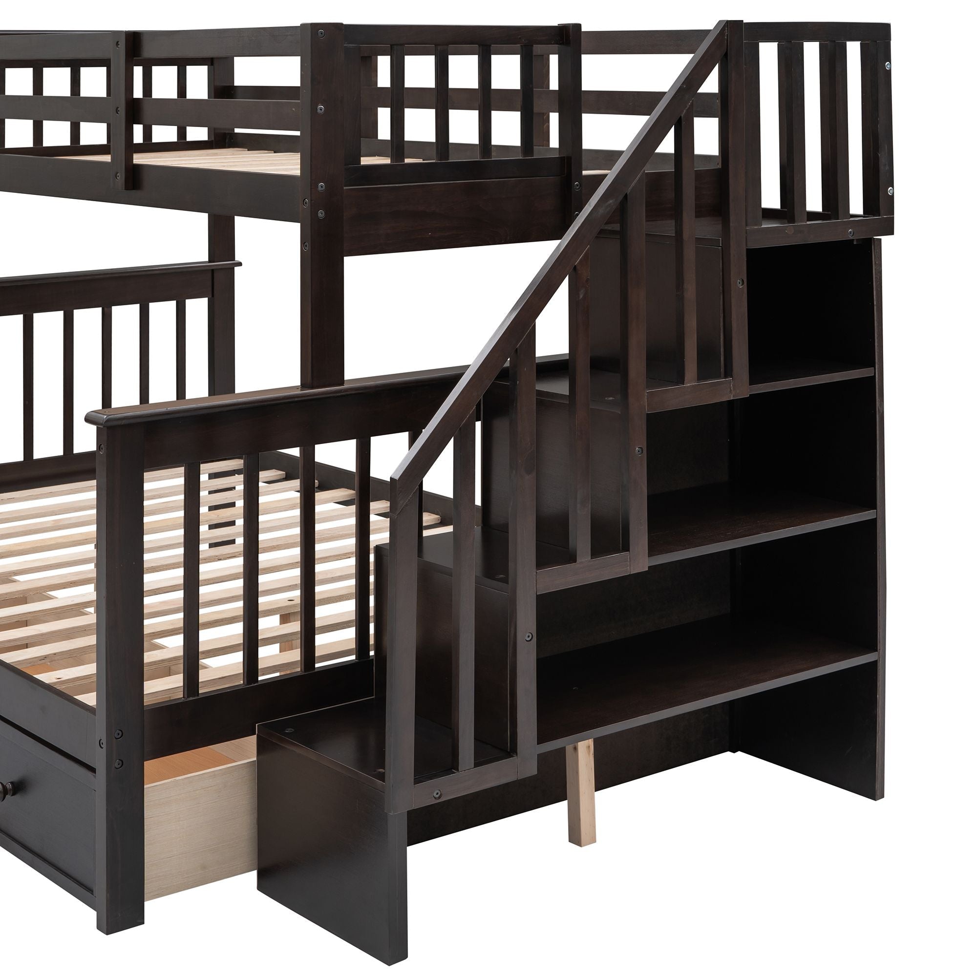Shared Kids Room Twin-Over-Full Wood Bunk Bed with Stairway Storage Drawers and Guard Rail in Espresso | Just Better Bunk Beds