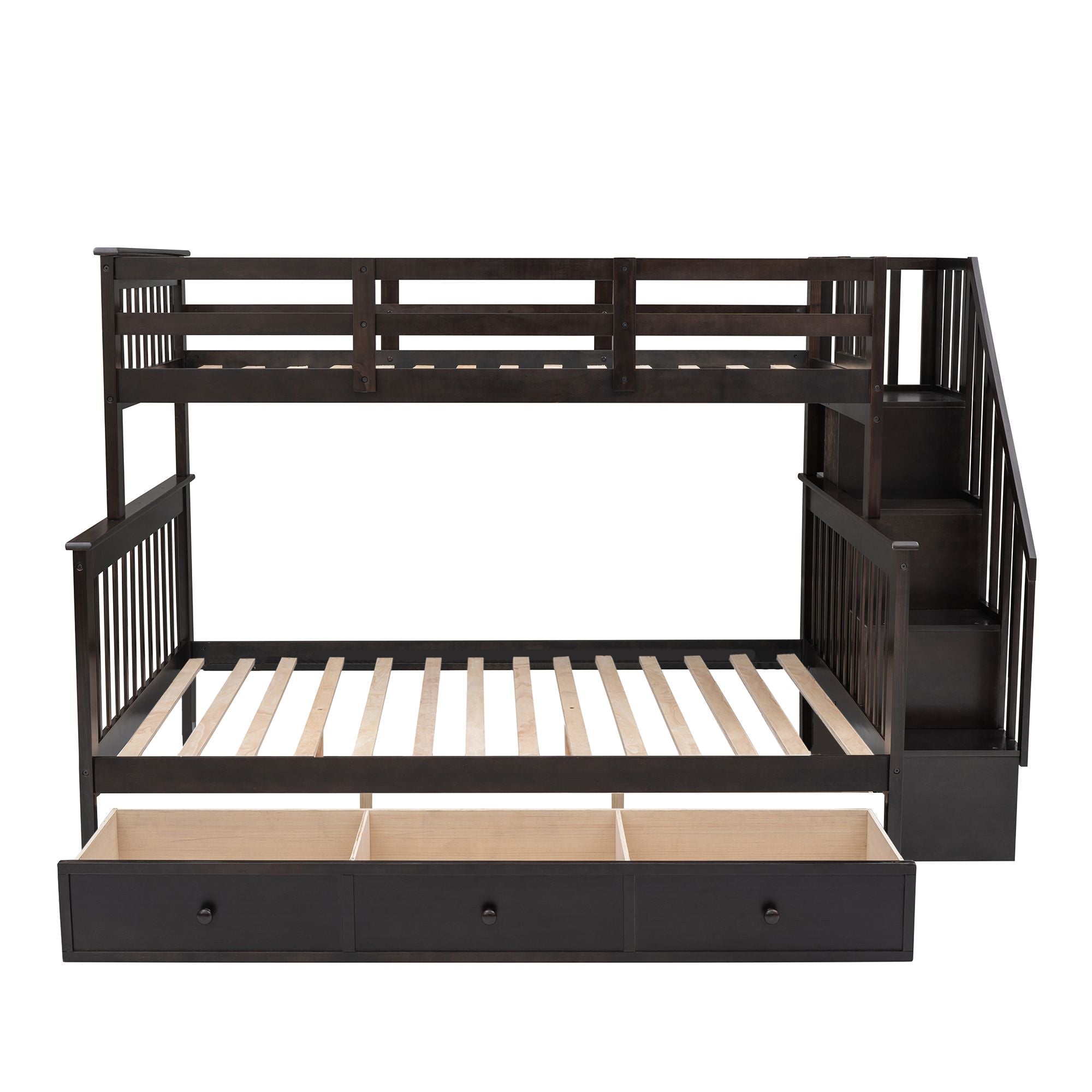Shared Kids Room Twin-Over-Full Wood Bunk Bed with Stairway Storage Drawers and Guard Rail in Espresso | Just Better Bunk Beds