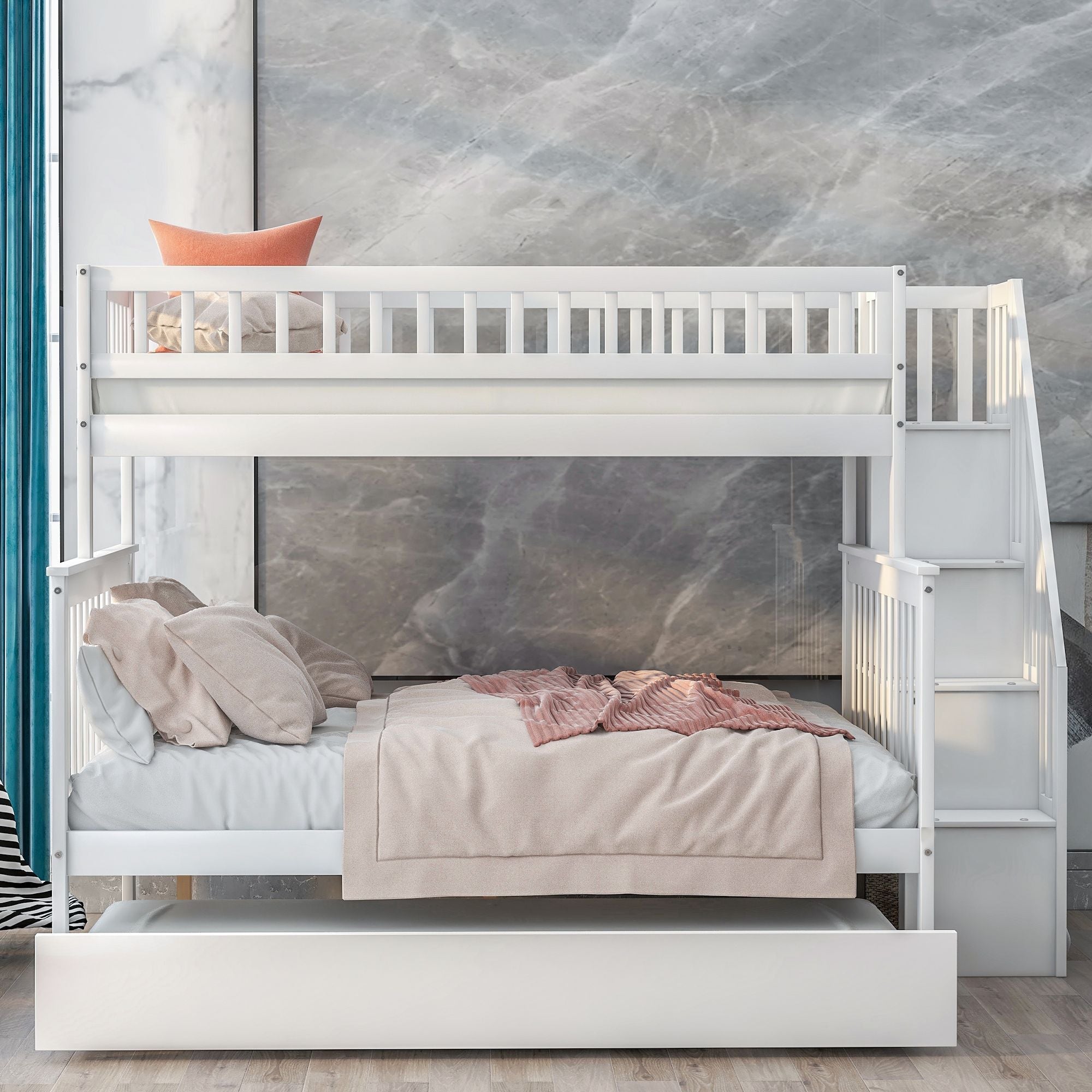 Shared Kids Room Twin over Full Wood Bunk Bed with Trundle, Staircase Storage, Gray or White | Just Better Bunk Beds
