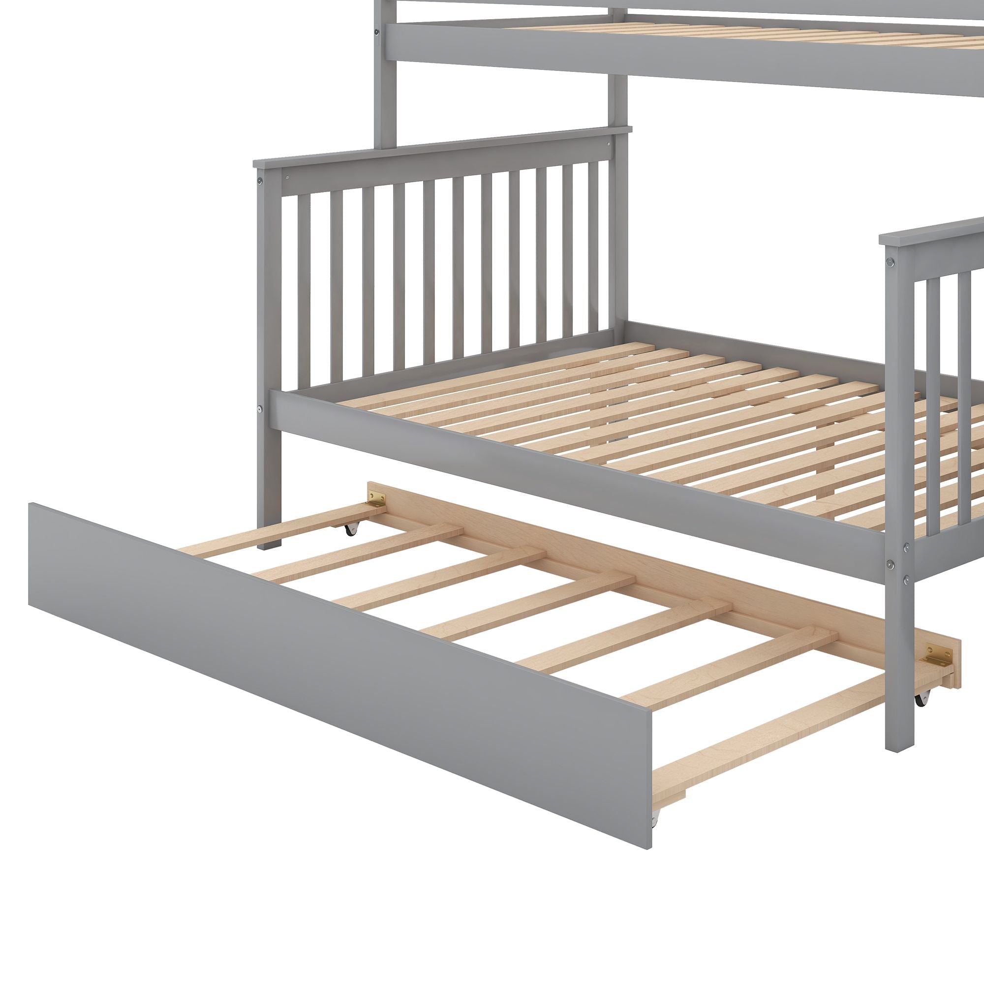Shared Kids Room Twin over Full Wood Bunk Bed with Trundle, Staircase Storage, Gray or White | Just Better Bunk Beds