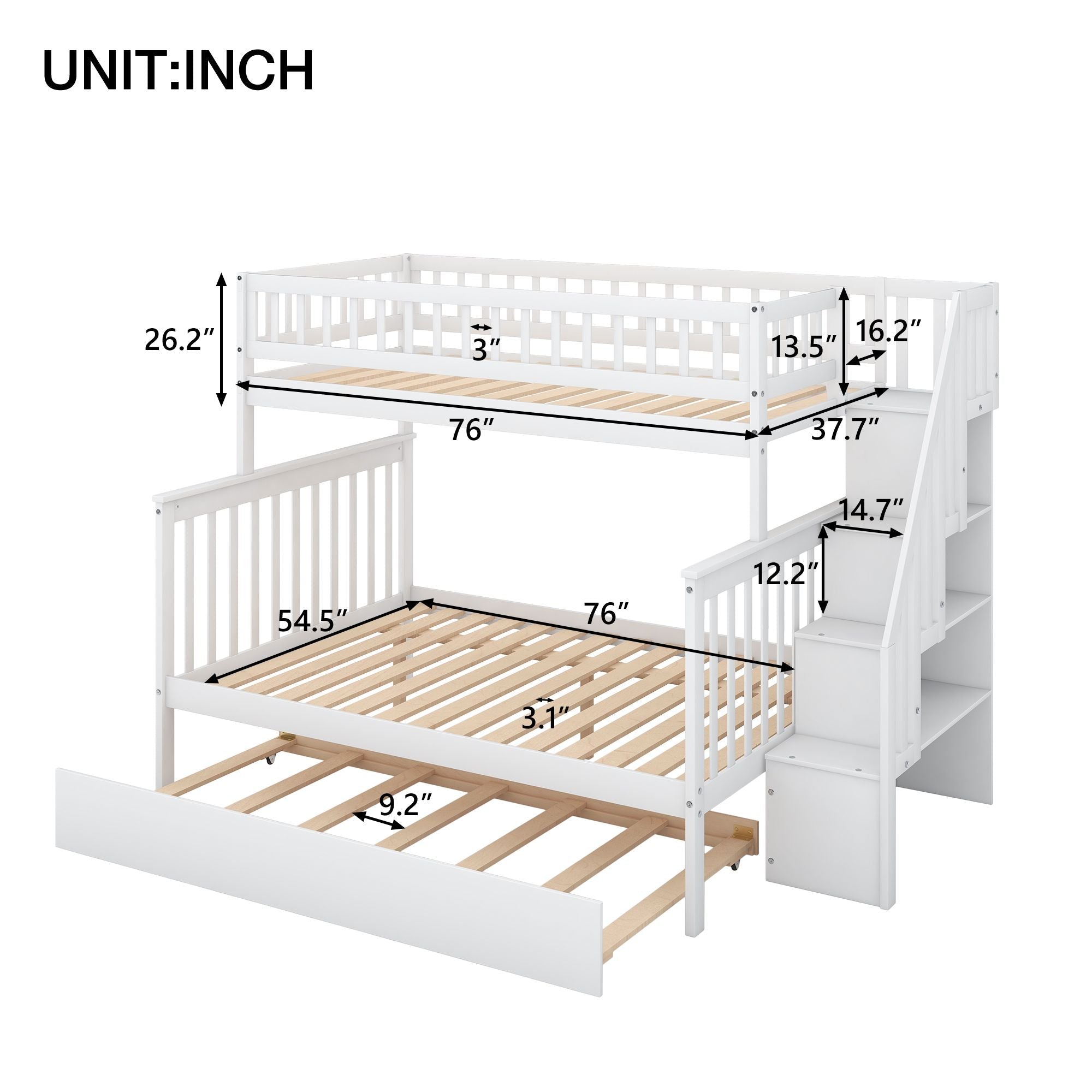 Shared Kids Room Twin over Full Wood Bunk Bed with Trundle, Staircase Storage, Gray or White | Just Better Bunk Beds