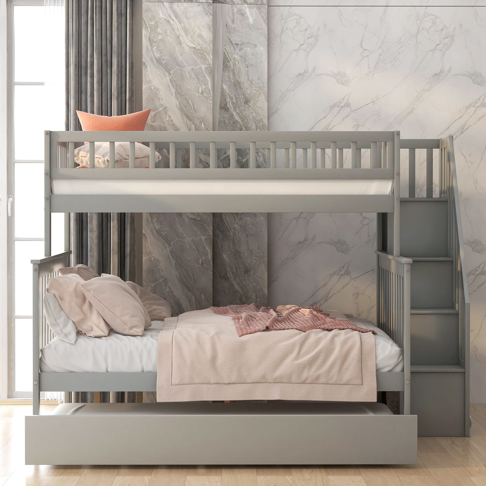 Shared Kids Room Twin over Full Wood Bunk Bed with Trundle, Staircase Storage, Gray or White | Just Better Bunk Beds