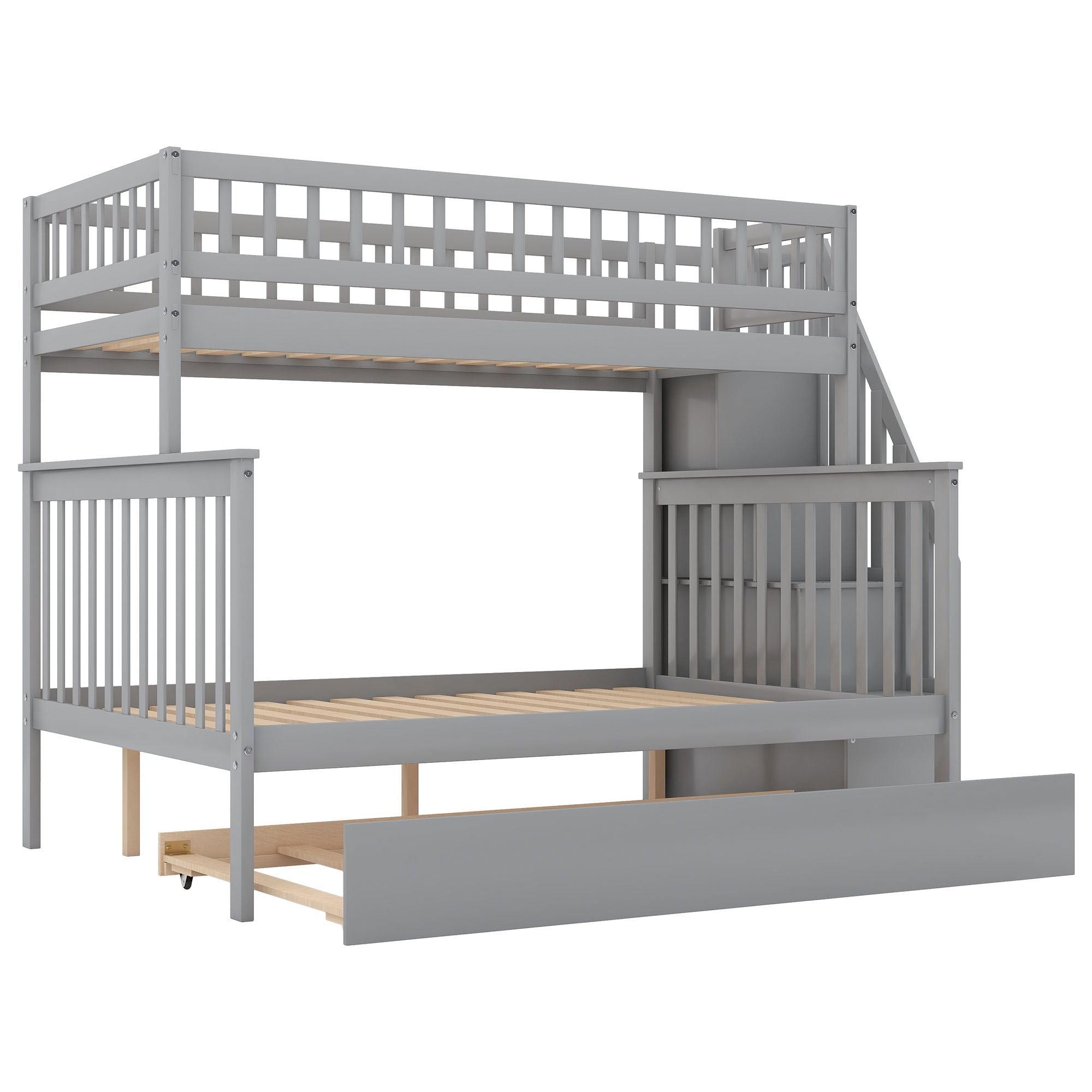 Shared Kids Room Twin over Full Wood Bunk Bed with Trundle, Staircase Storage, Gray or White | Just Better Bunk Beds