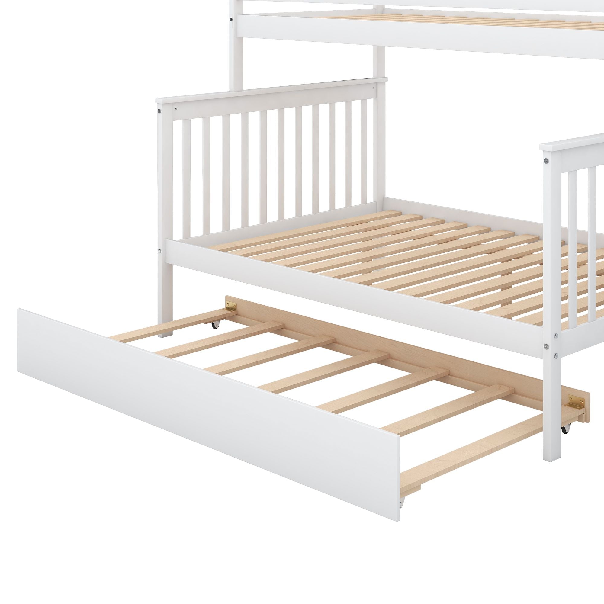 Shared Kids Room Twin over Full Wood Bunk Bed with Trundle, Staircase Storage, Gray or White | Just Better Bunk Beds