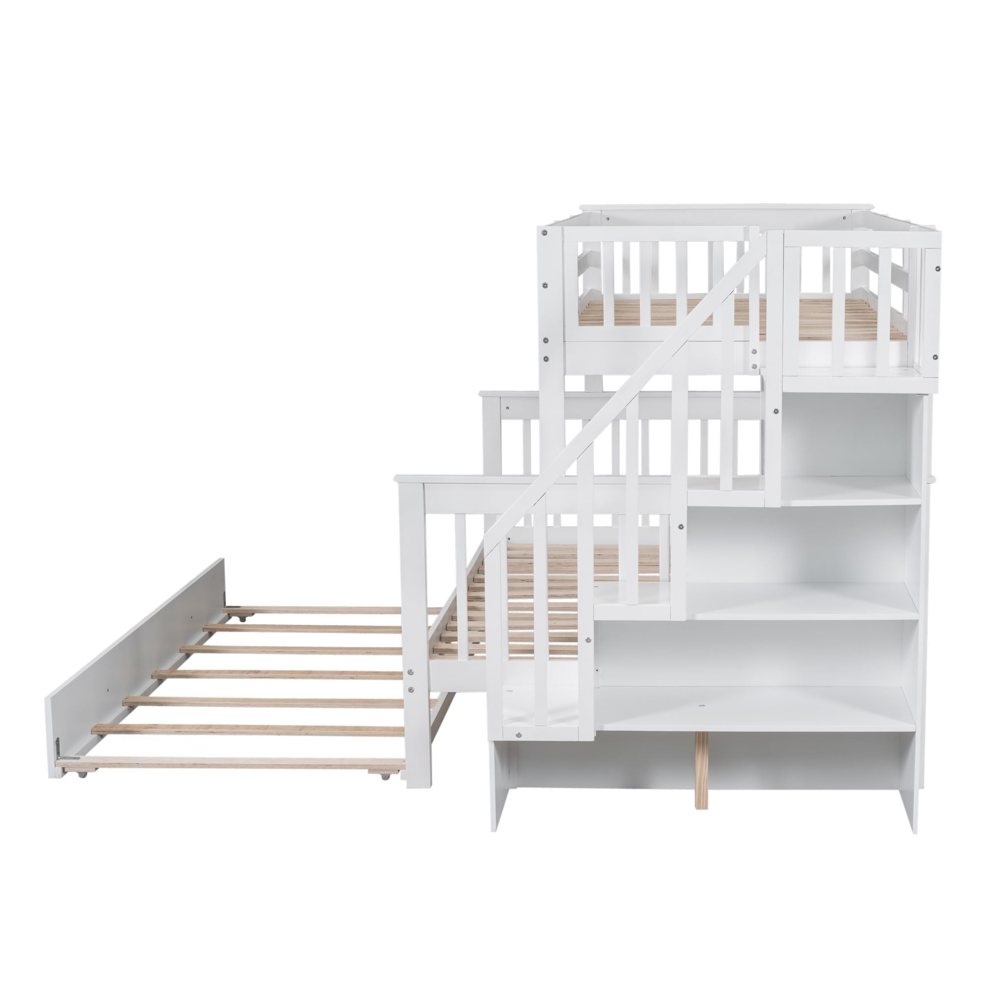 Shared Kids Room Twin Over Full Wood Bunk Bed with Trundle, Storage, Stairs, and Guard Rail in White | Just Better Bunk Beds