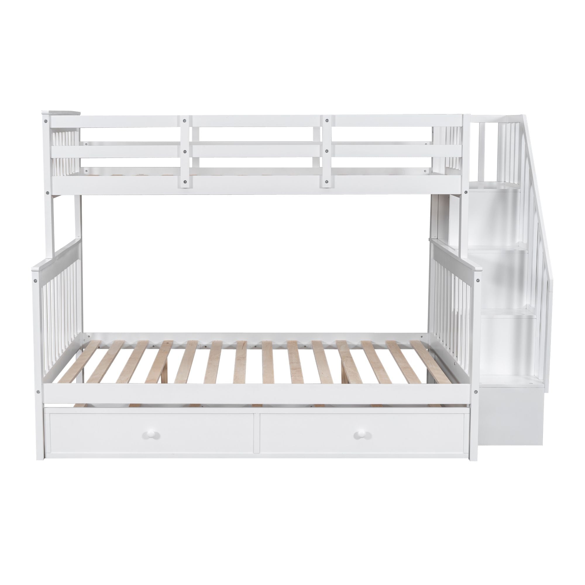Shared Kids Room Twin Over Full Wood Bunk Bed with Trundle, Storage, Stairs, and Guard Rail in White | Just Better Bunk Beds