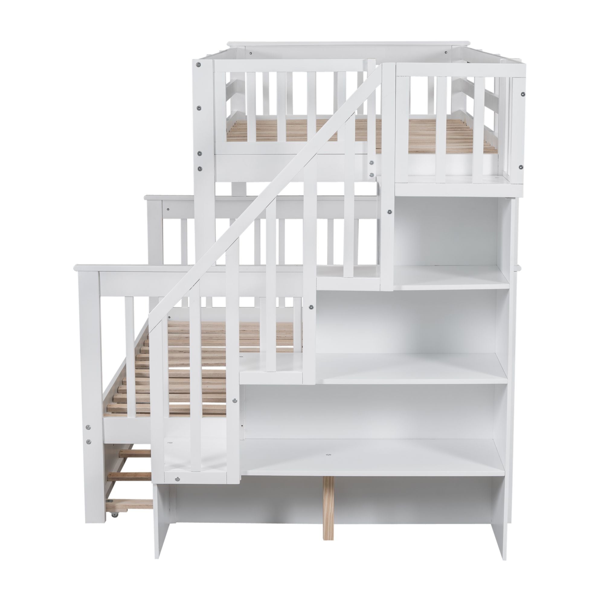 Shared Kids Room Twin Over Full Wood Bunk Bed with Trundle, Storage, Stairs, and Guard Rail in White | Just Better Bunk Beds