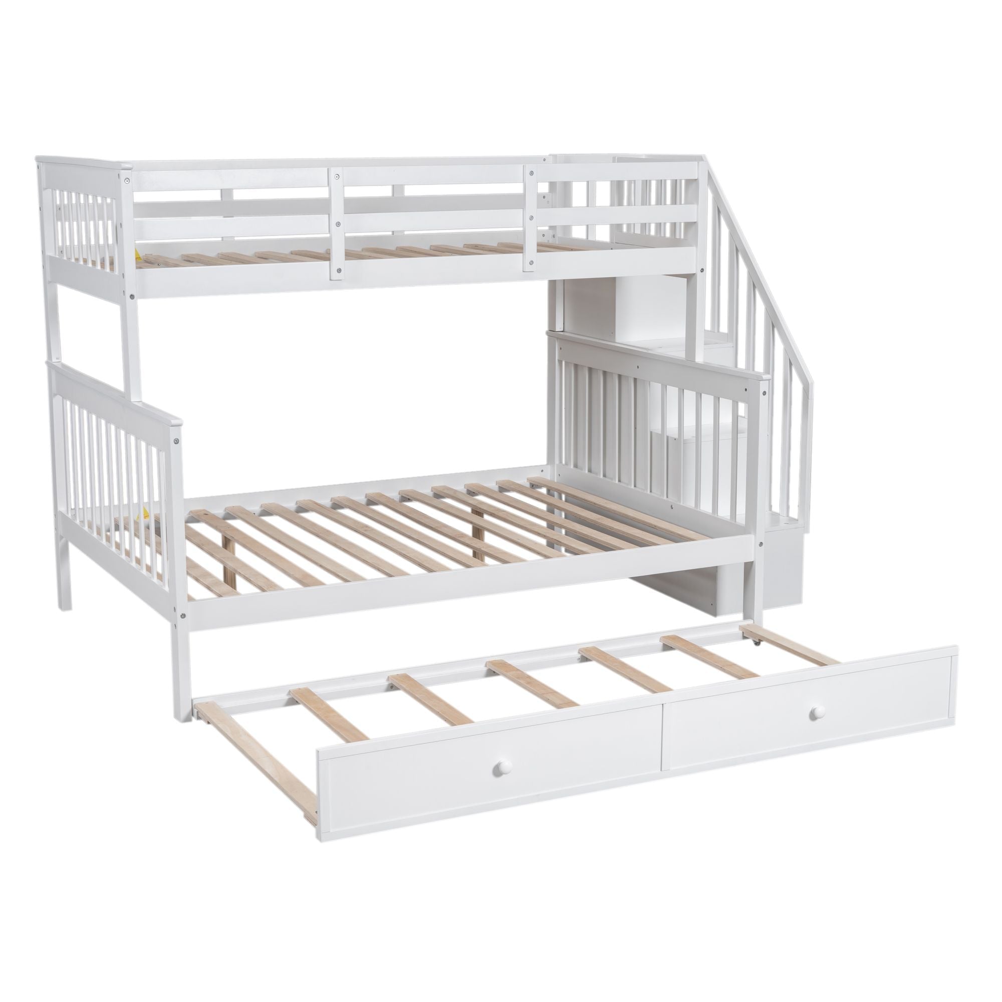 Shared Kids Room Twin Over Full Wood Bunk Bed with Trundle, Storage, Stairs, and Guard Rail in White | Just Better Bunk Beds