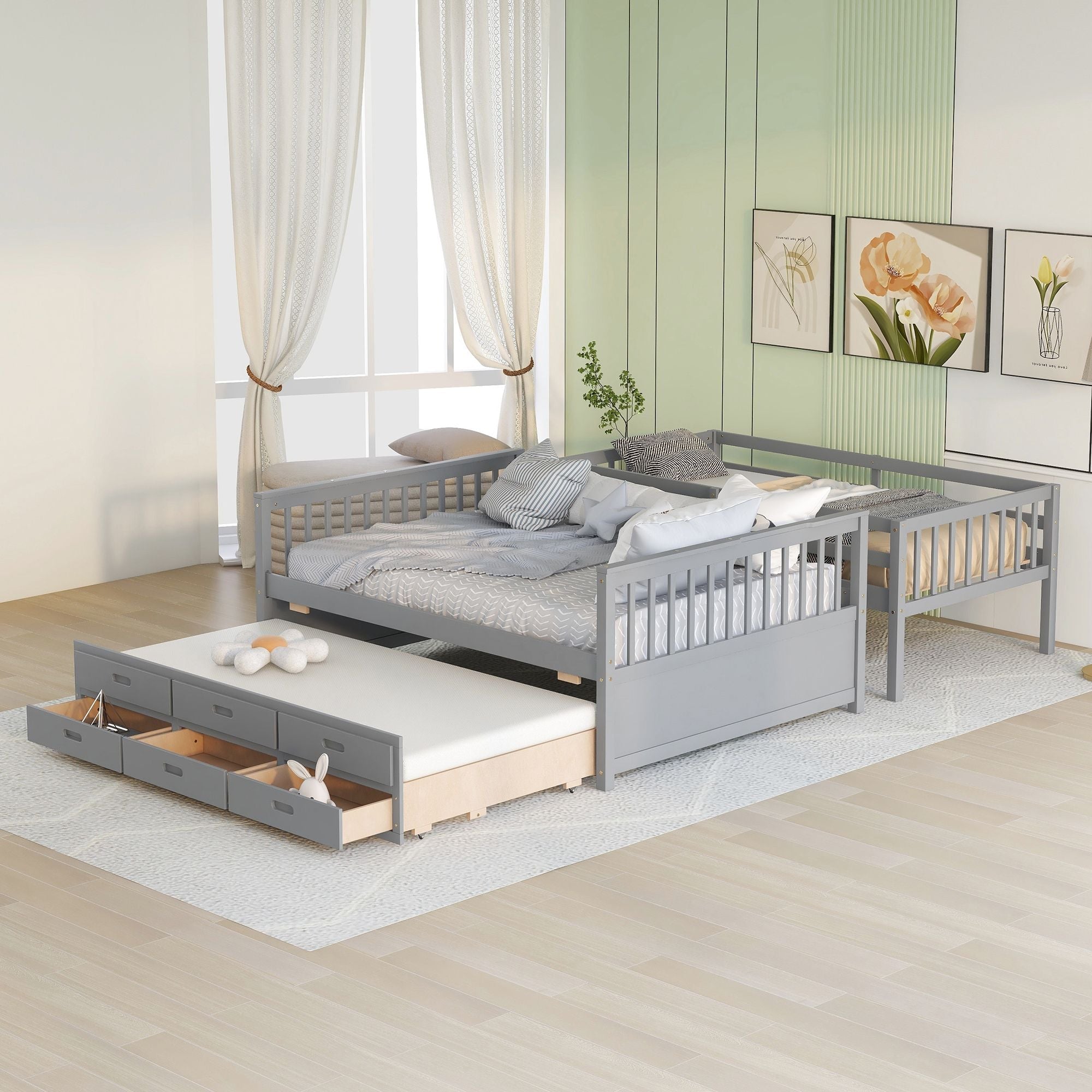 Shared Kids Room Twin Over Full Wood Bunk Bed with Twin Trundle and Storage Drawers, Gray | Just Better Bunk Beds